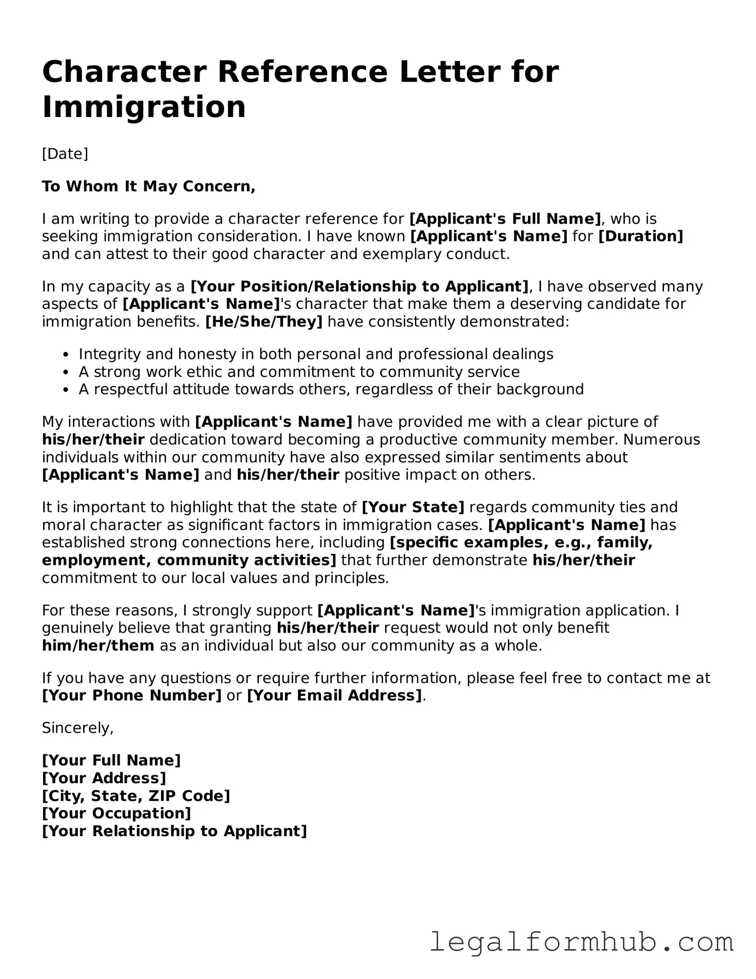 Printable Character Reference Letter for Immigration Document