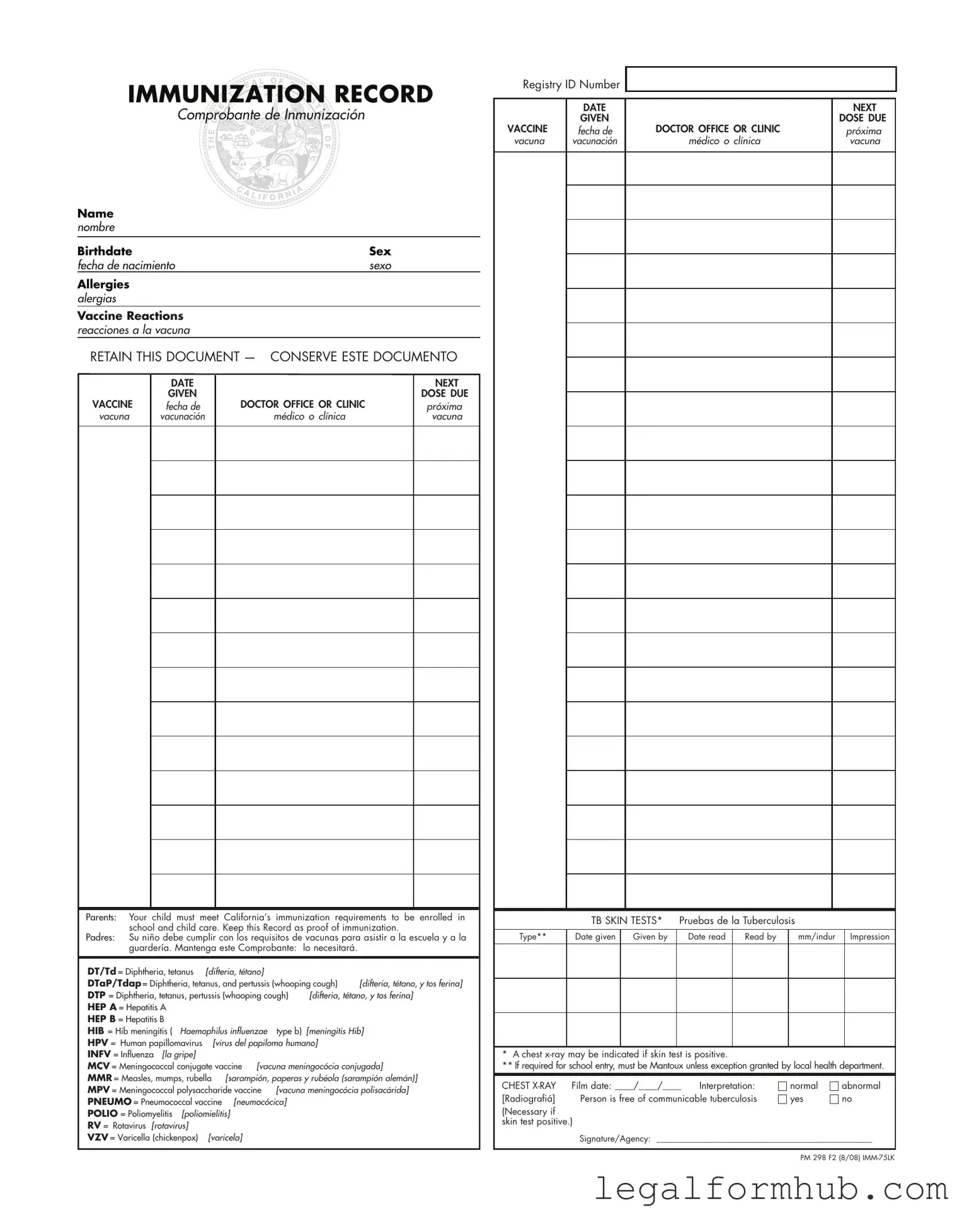 Fill Your Immunization Record Form