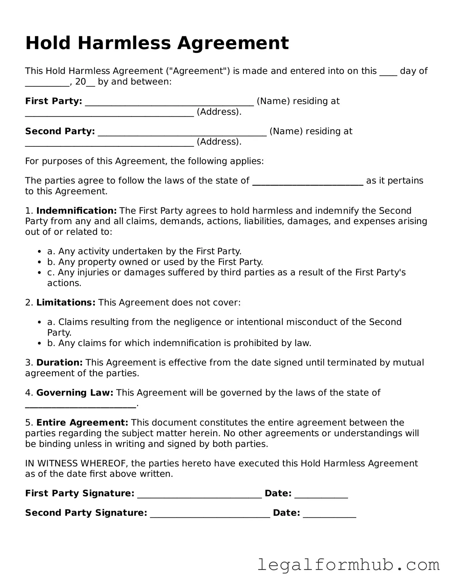 Printable Hold Harmless Agreement Document