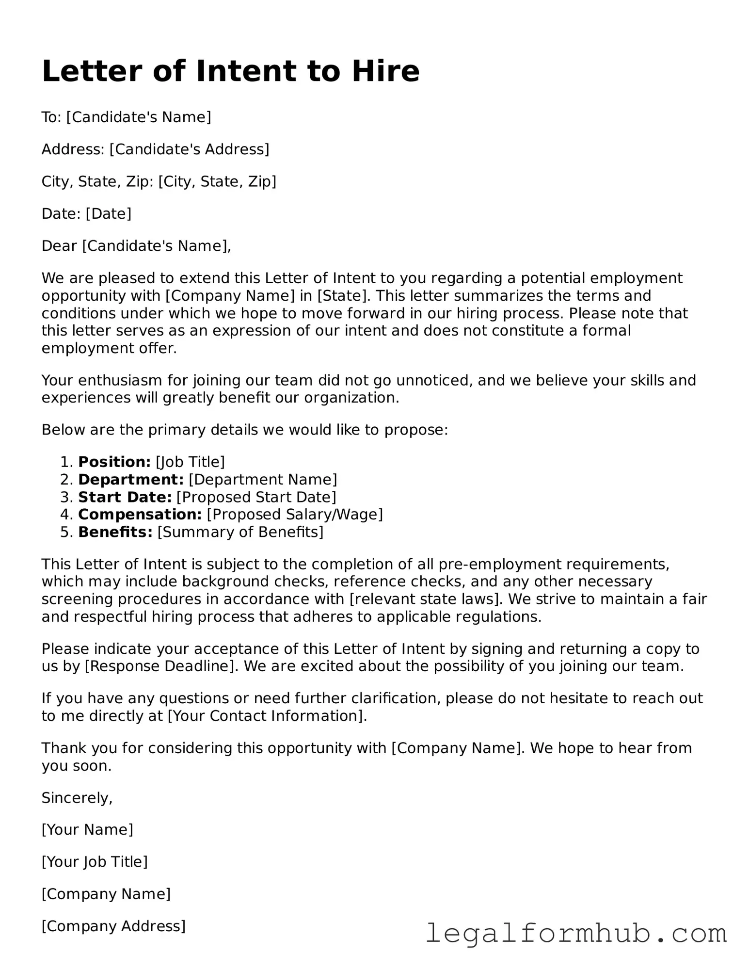 Printable Letter of Intent to Hire Document