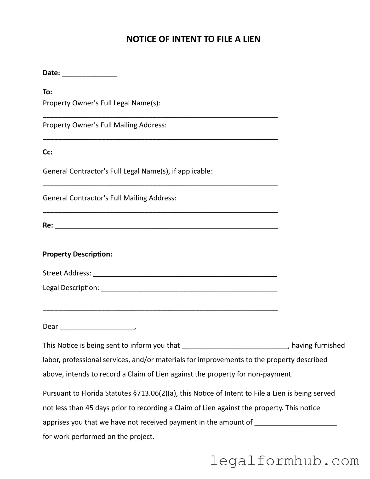 Fill Your Intent To Lien Florida Form
