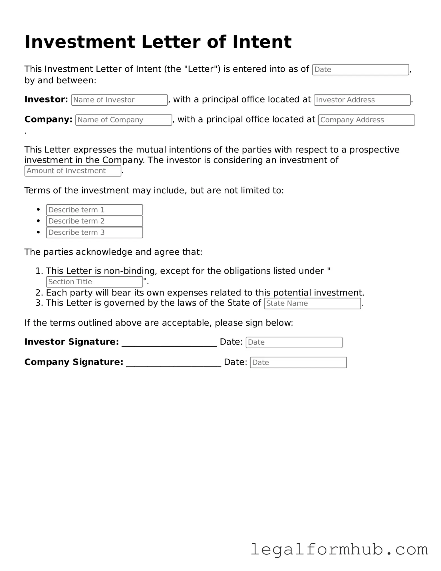 Printable Investment Letter of Intent Document