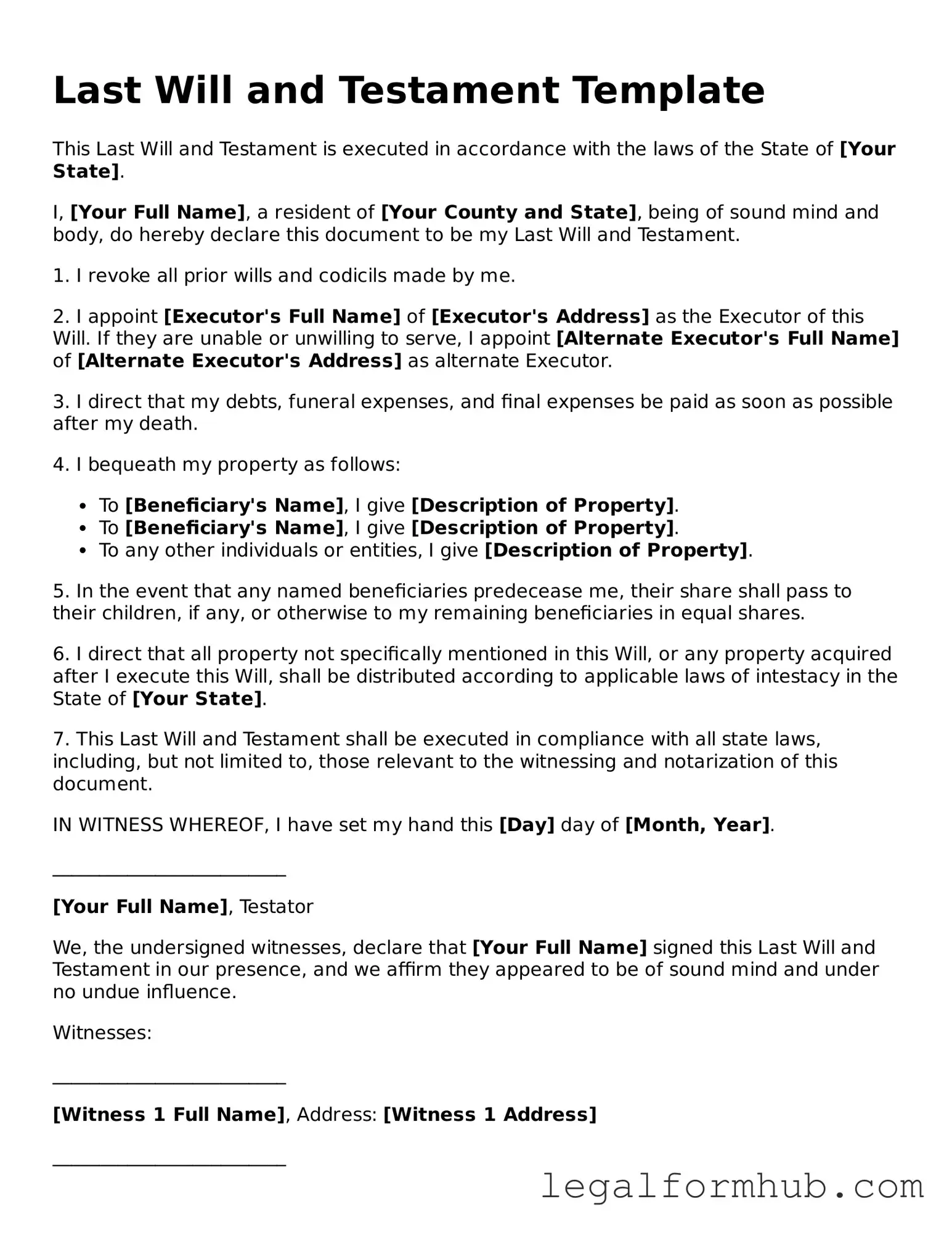 Printable Last Will and Testament Document