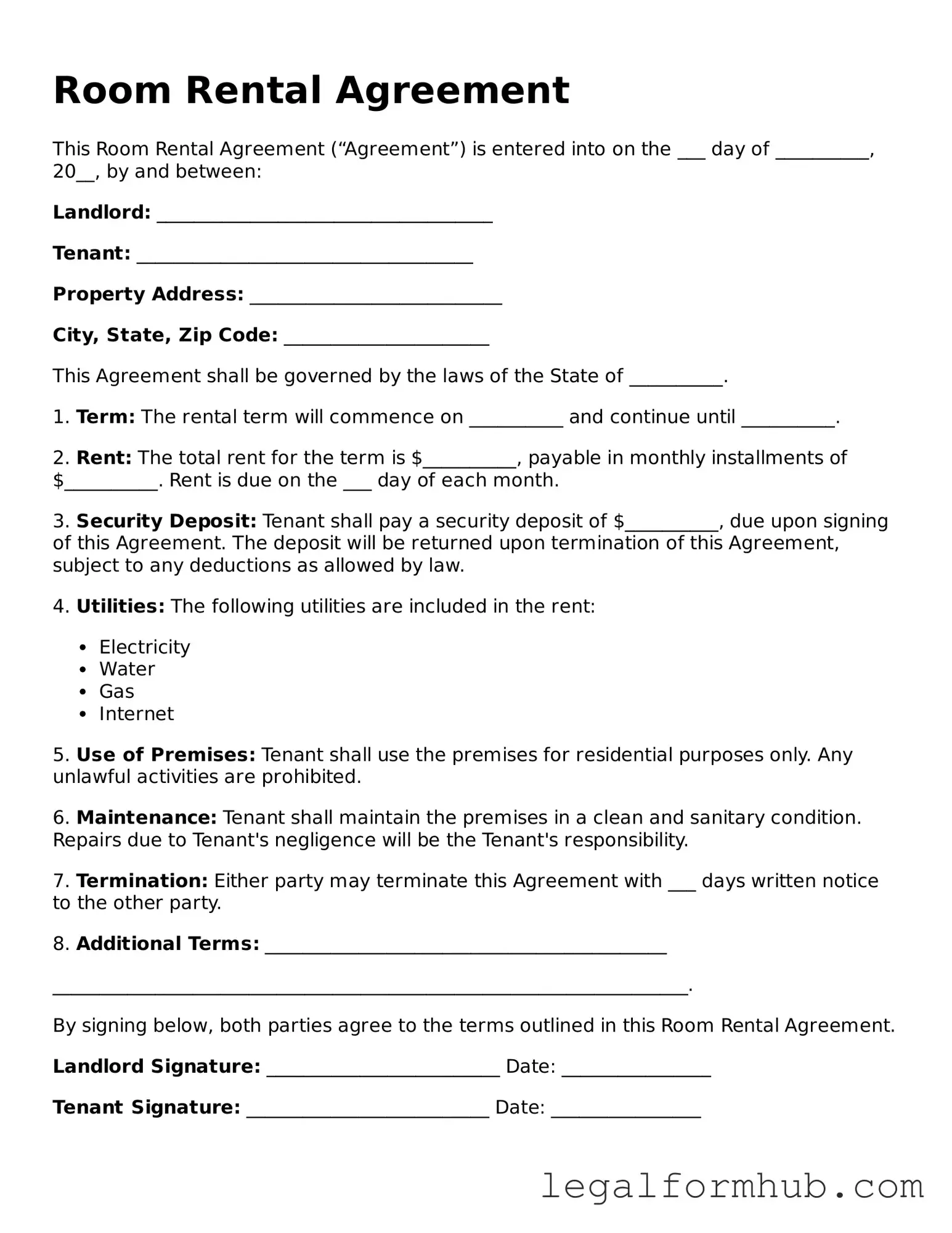 Printable Room Rental Agreement Document