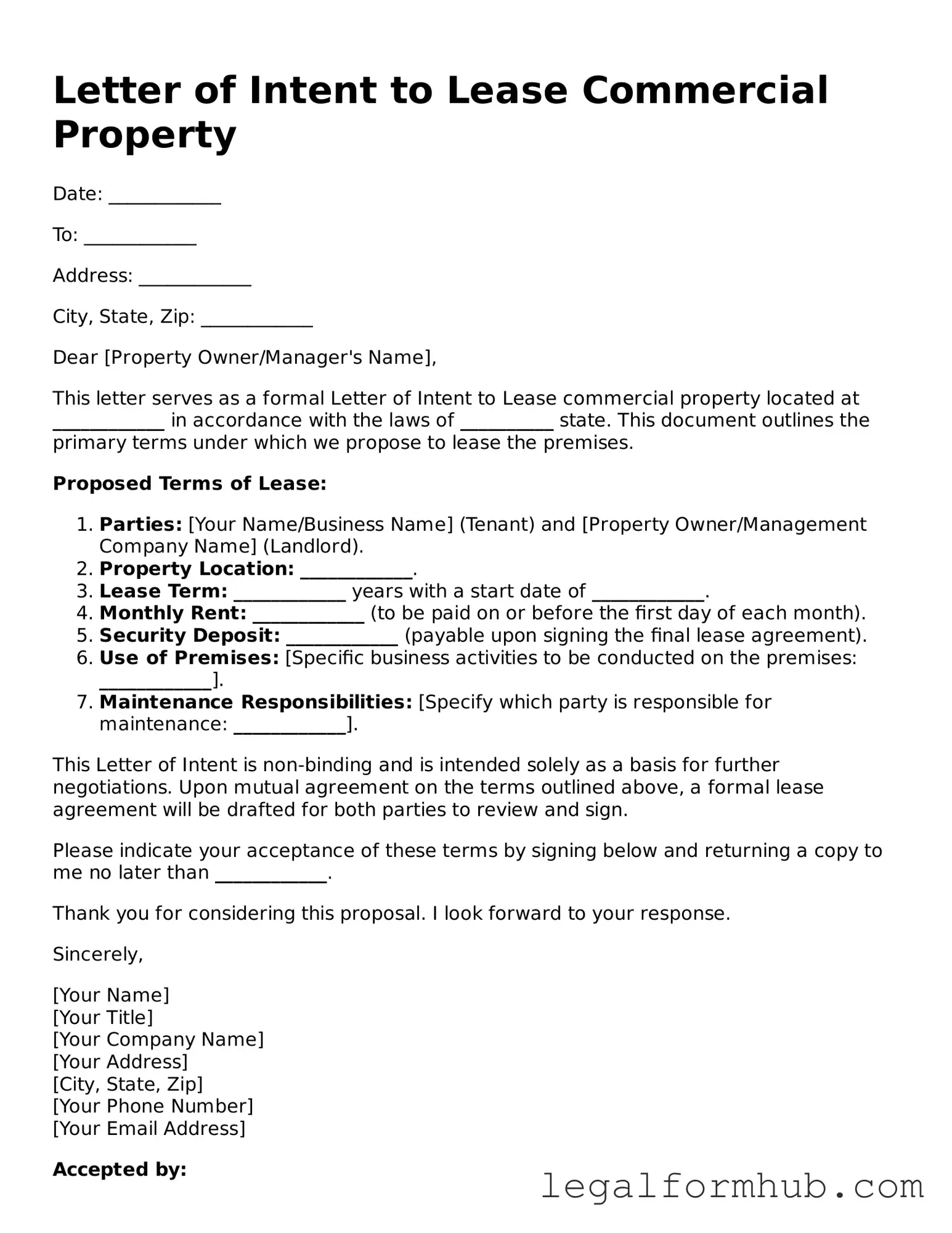 Printable Letter of Intent to Lease Commercial Property Document