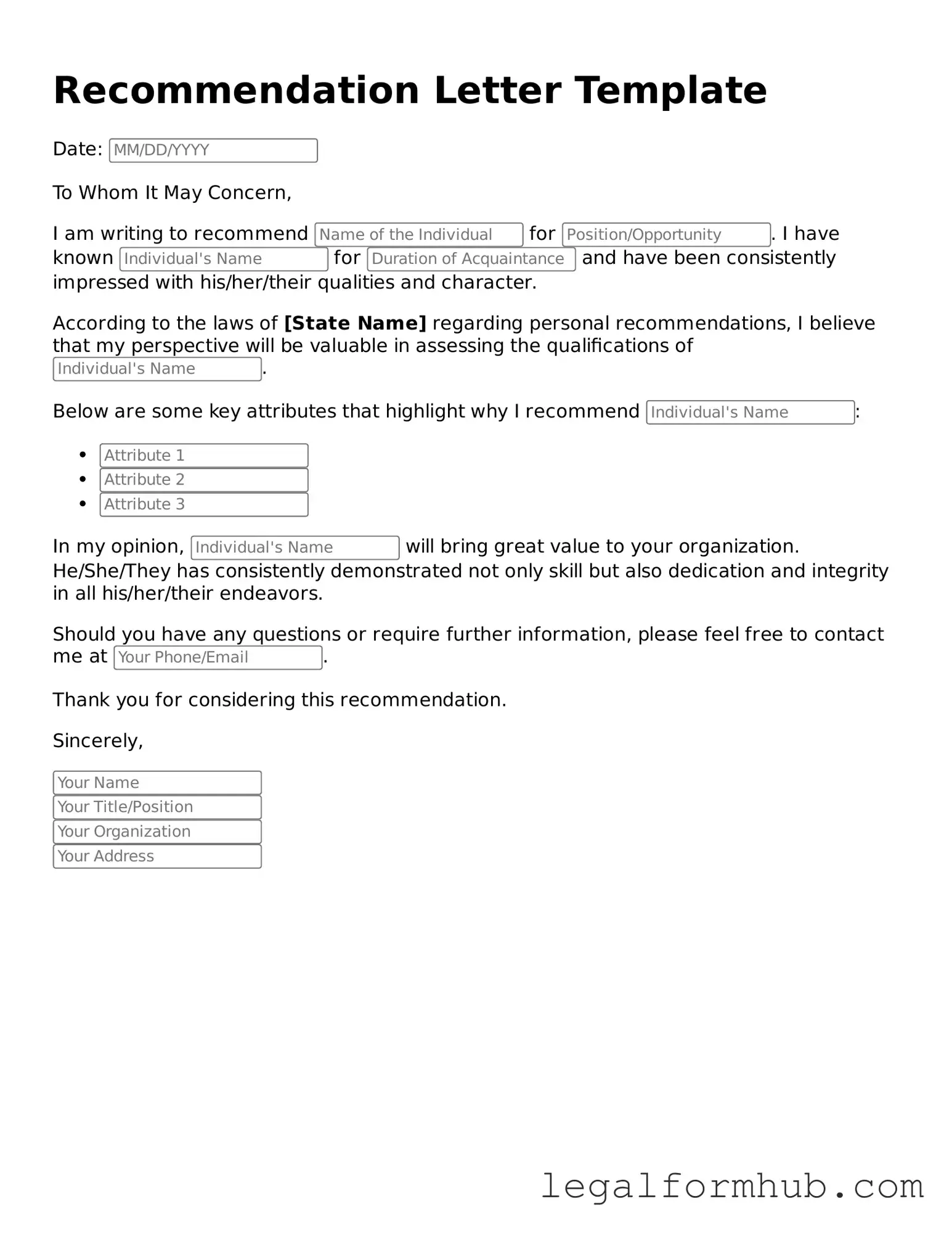 Printable Recommendation Letter Document
