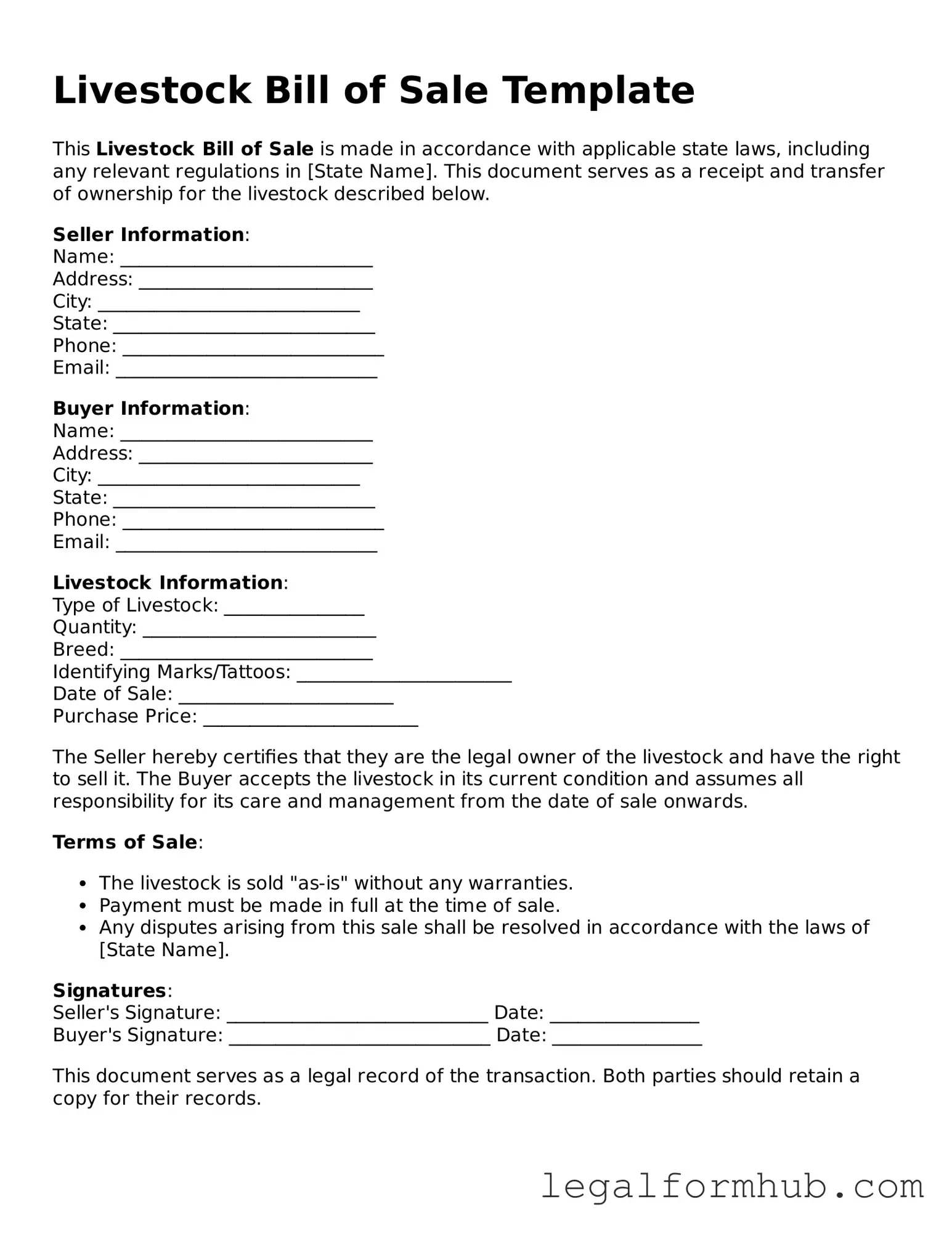 Printable Livestock Bill of Sale Document