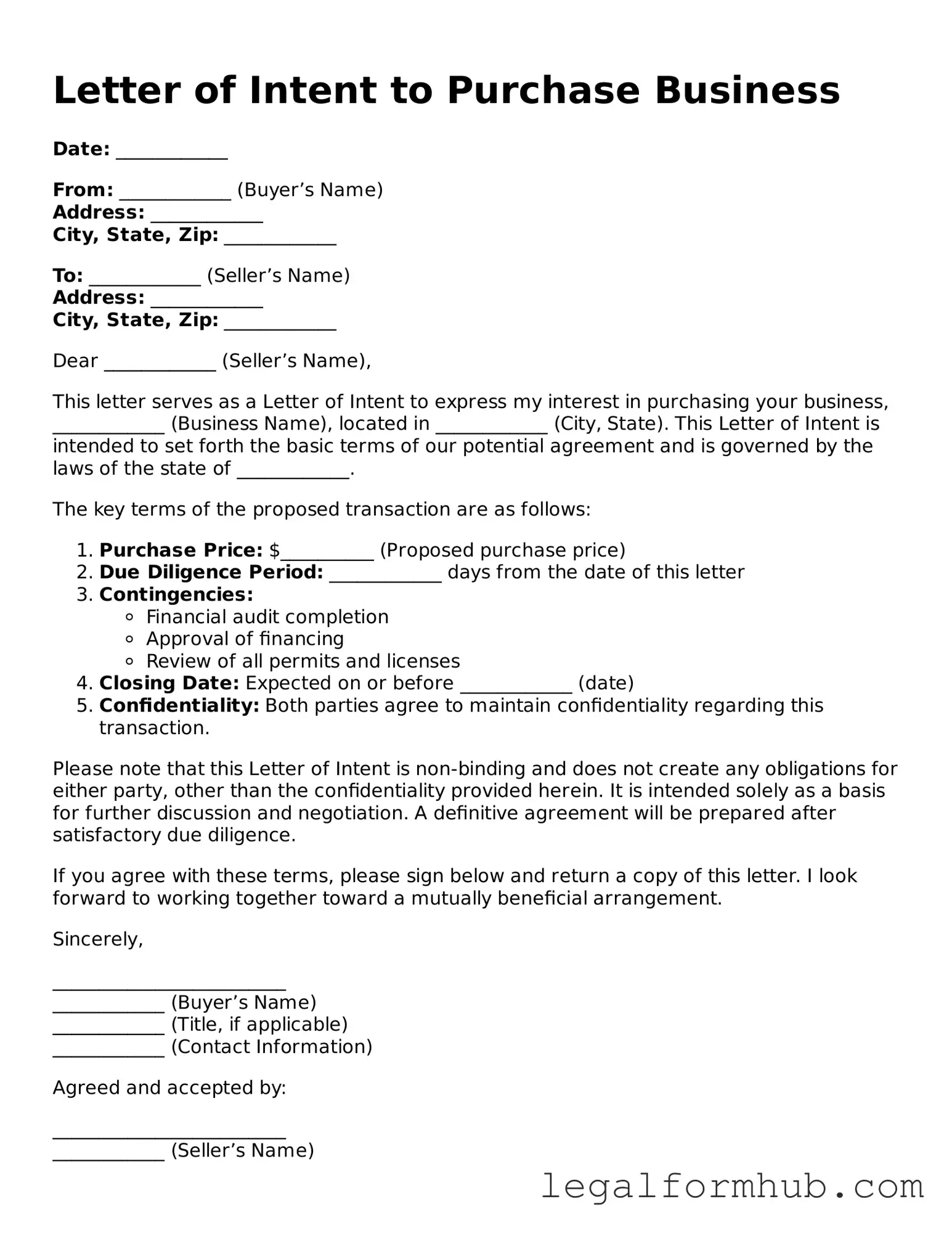 Printable Letter of Intent to Purchase Business Document