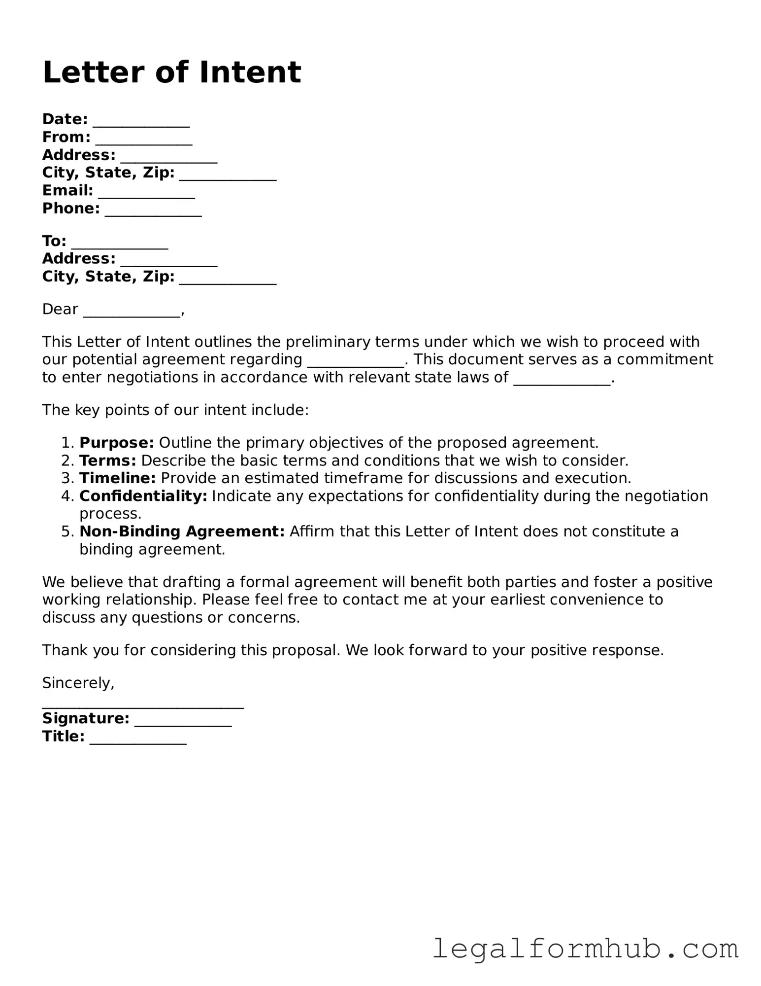 Printable Letter of Intent Document