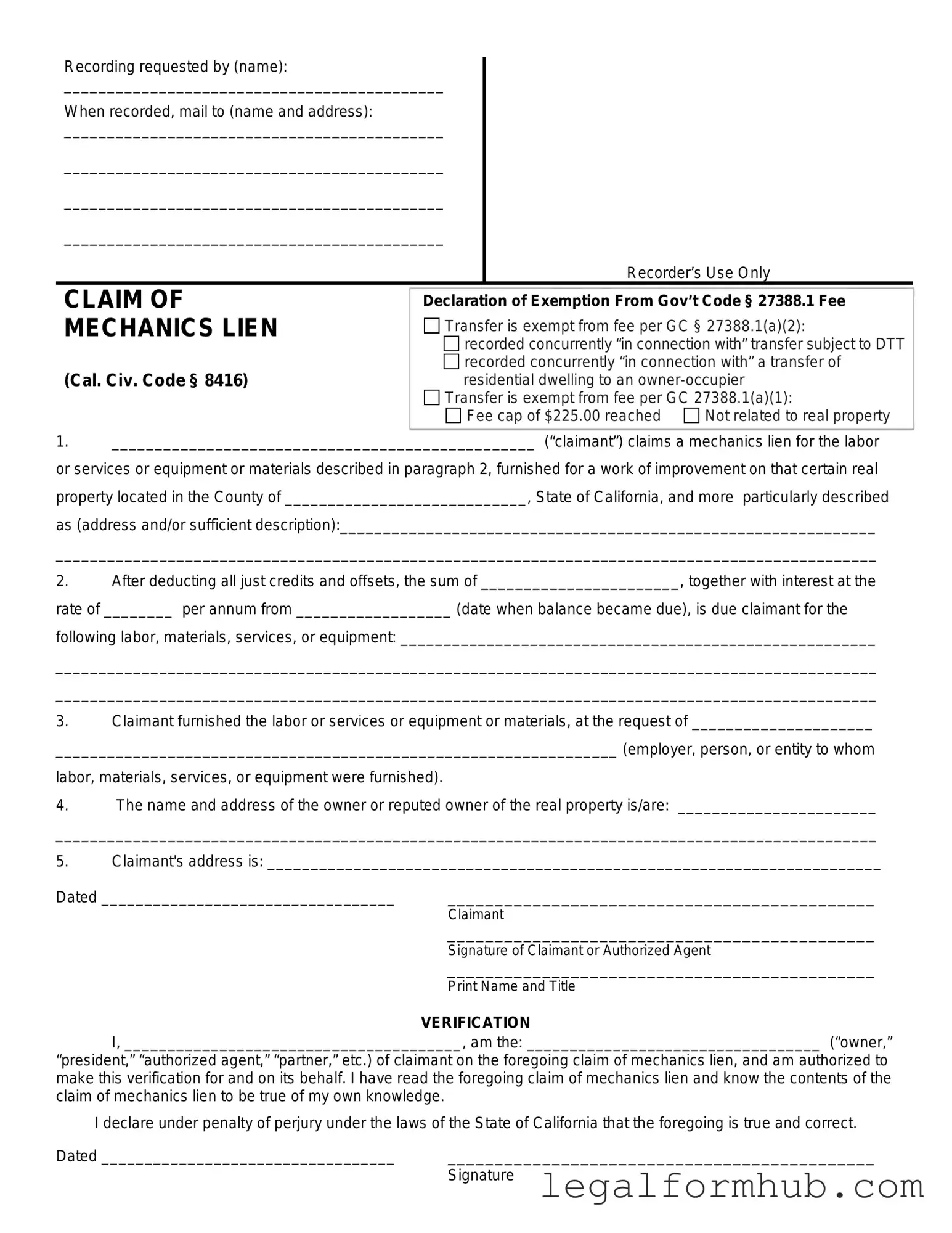 Fill Your Mechanics Lien California Form