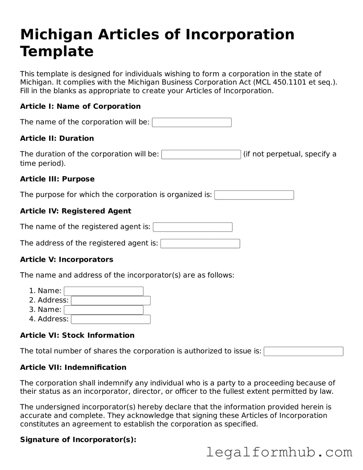 Free  Articles of Incorporation Template for Michigan