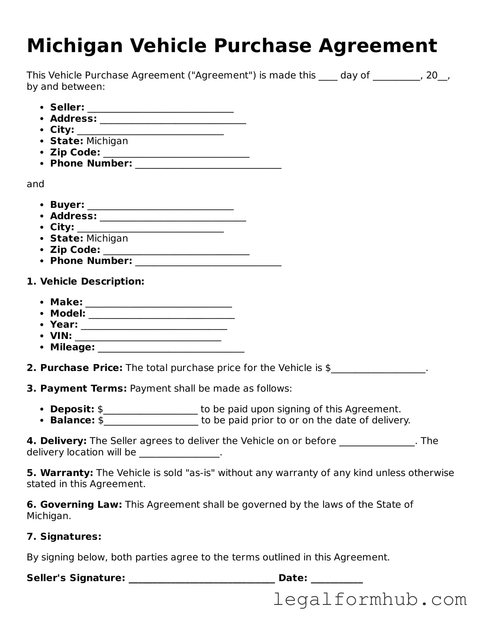 Free  Vehicle Purchase Agreement Template for Michigan