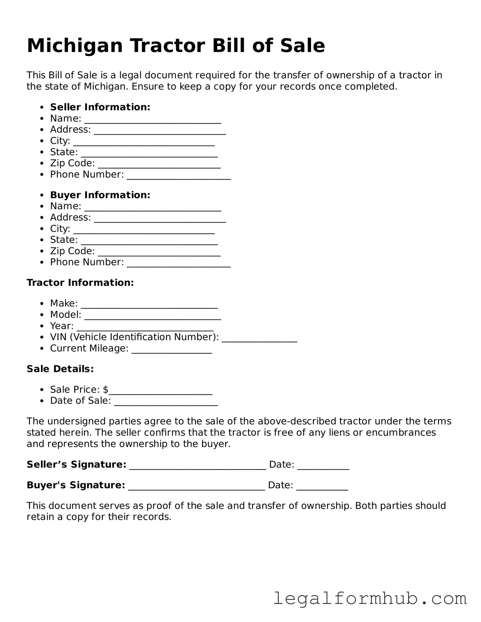 Free  Tractor Bill of Sale Template for Michigan
