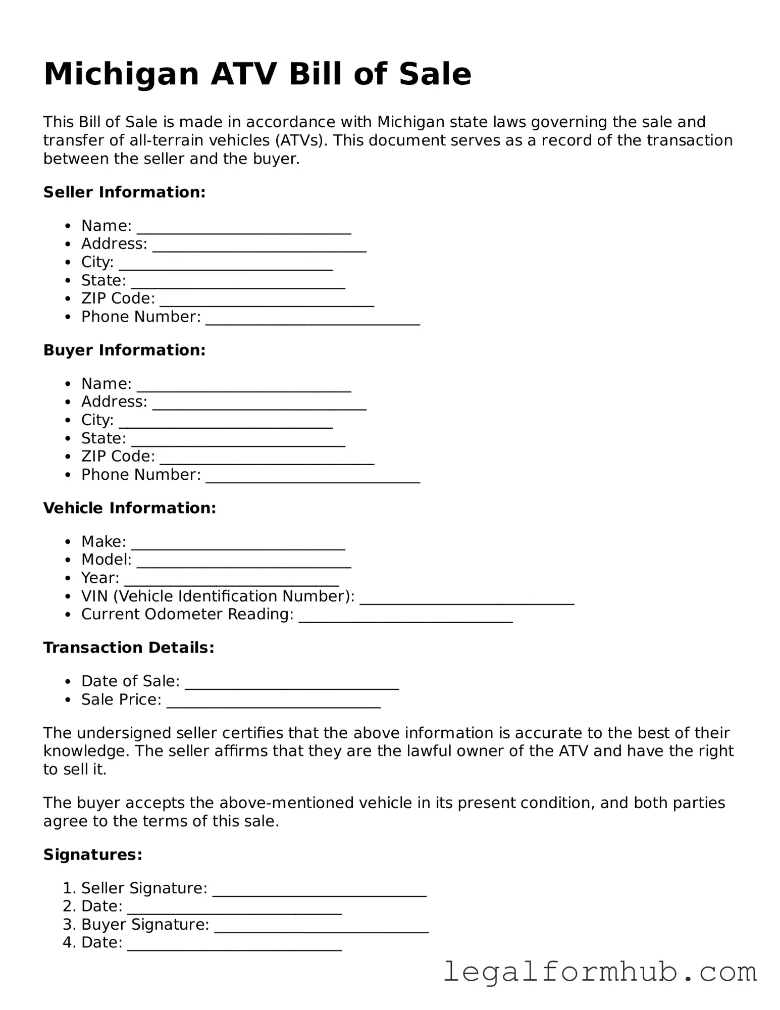 Free  ATV Bill of Sale Template for Michigan