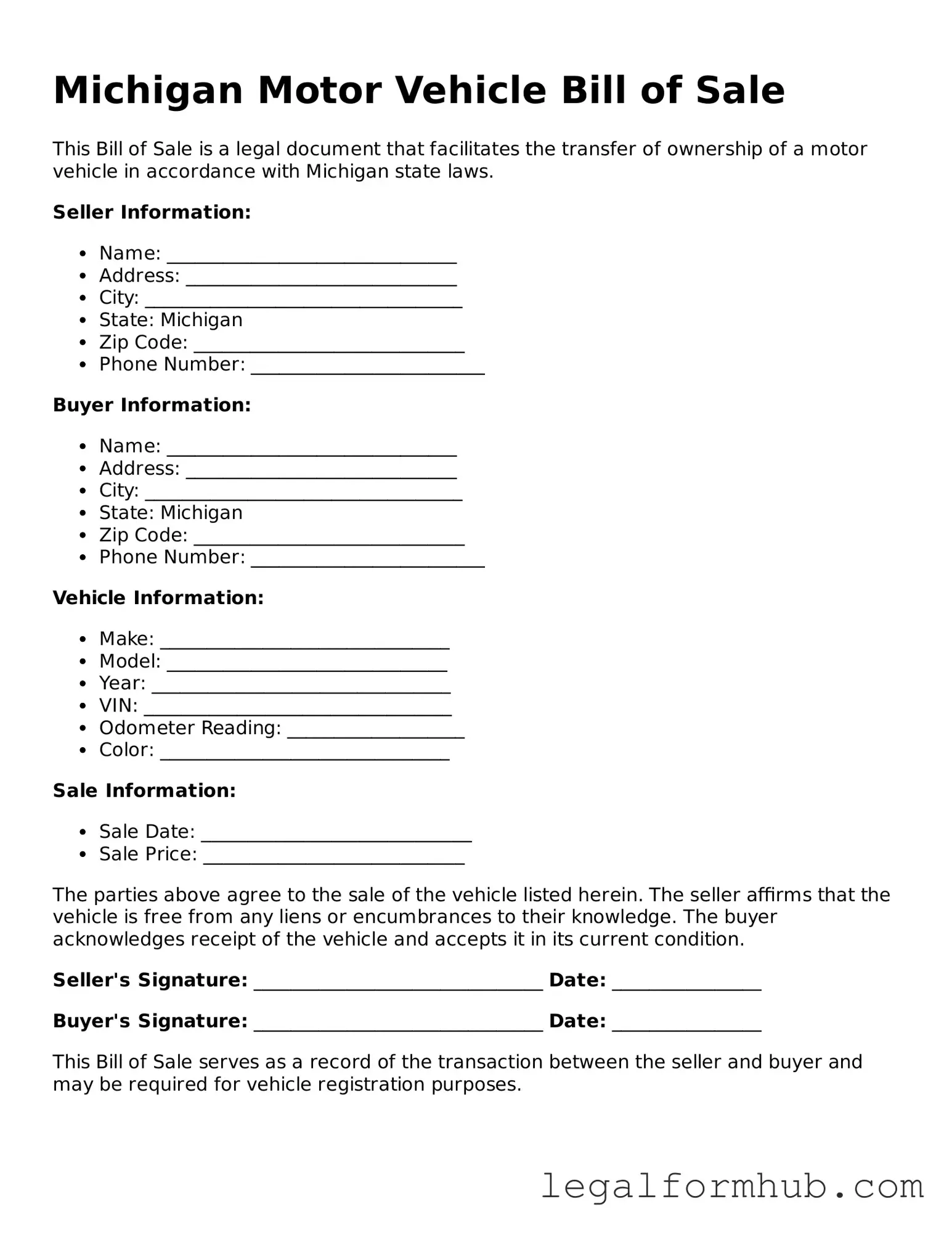Free  Motor Vehicle Bill of Sale Template for Michigan