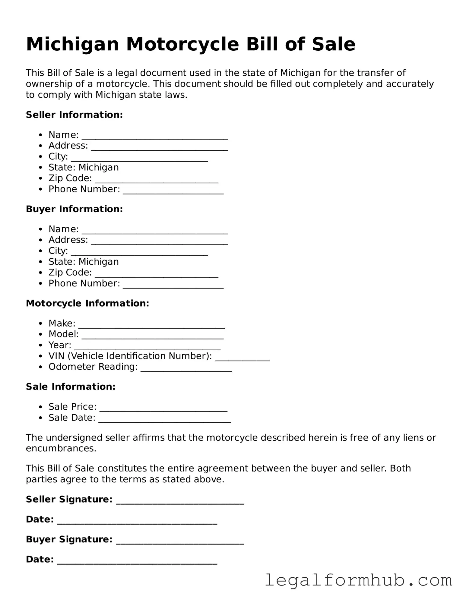 Free  Motorcycle Bill of Sale Template for Michigan