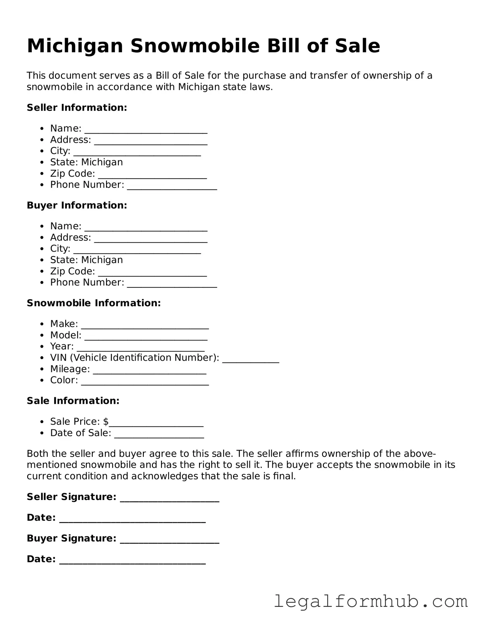 Free  Snowmobile Bill of Sale Template for Michigan