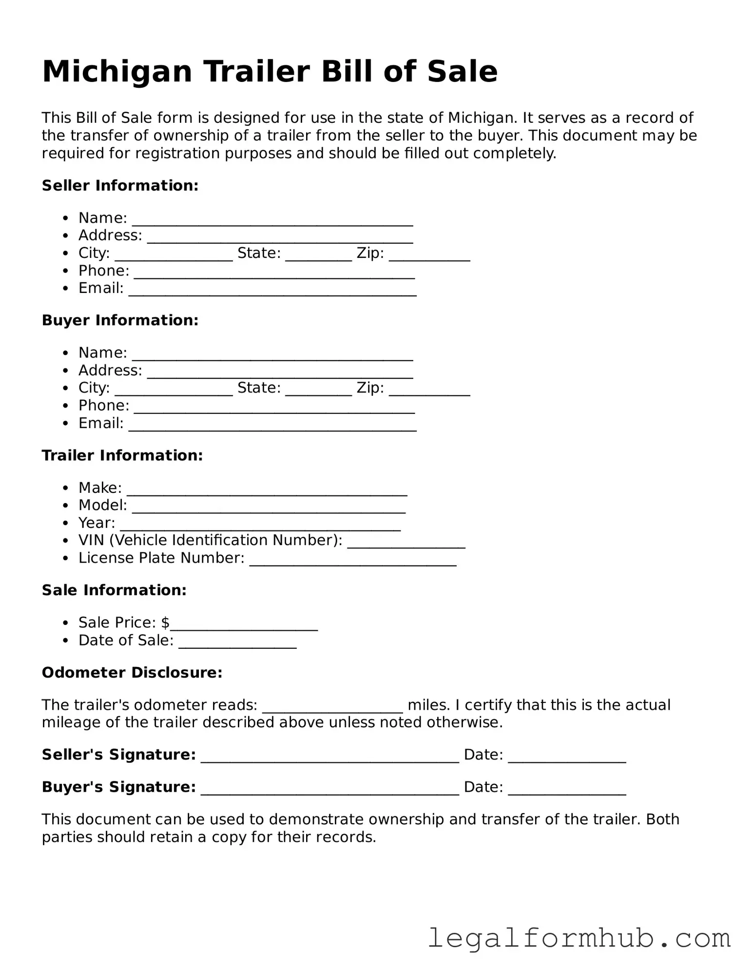 Free  Trailer Bill of Sale Template for Michigan