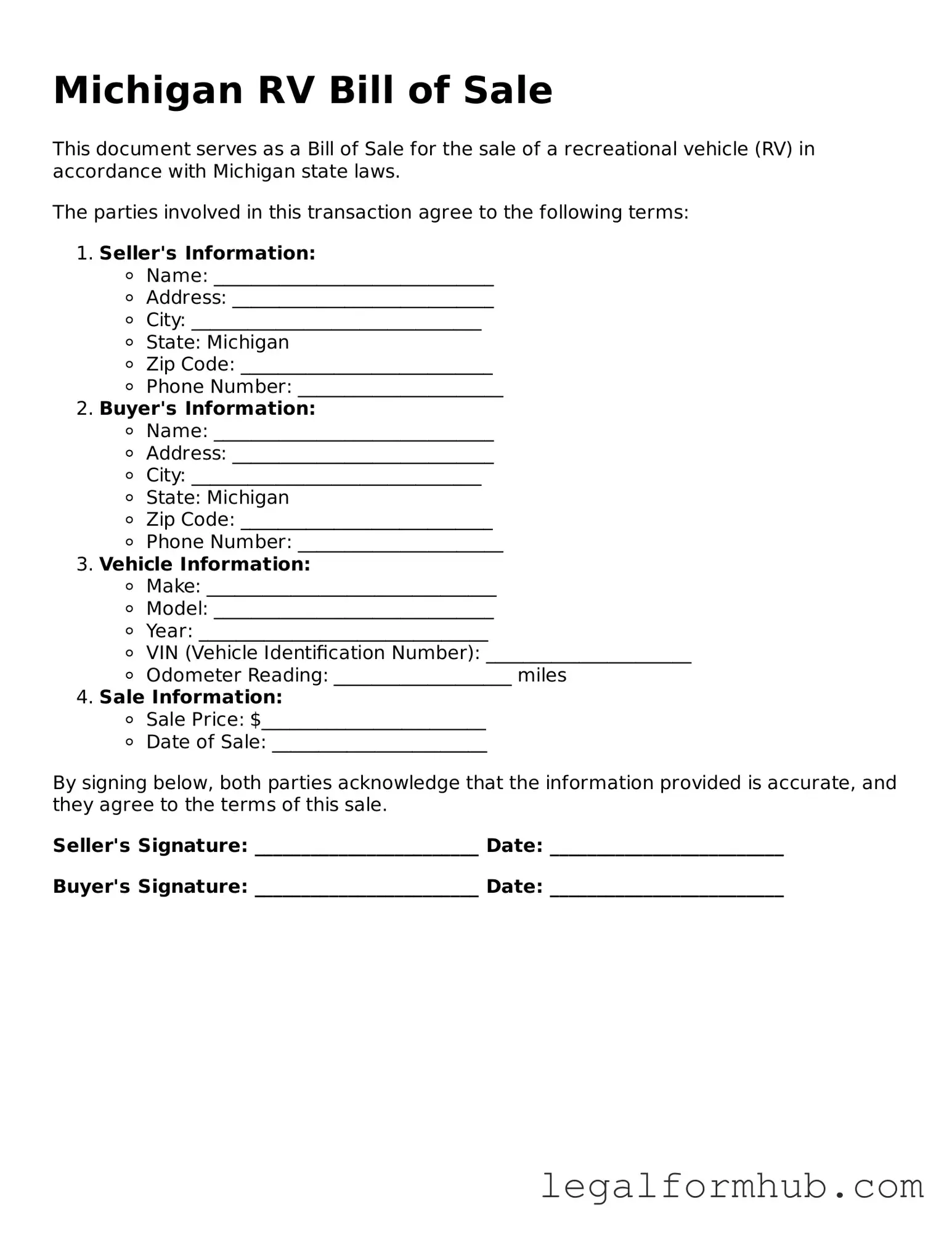 Free  RV Bill of Sale Template for Michigan