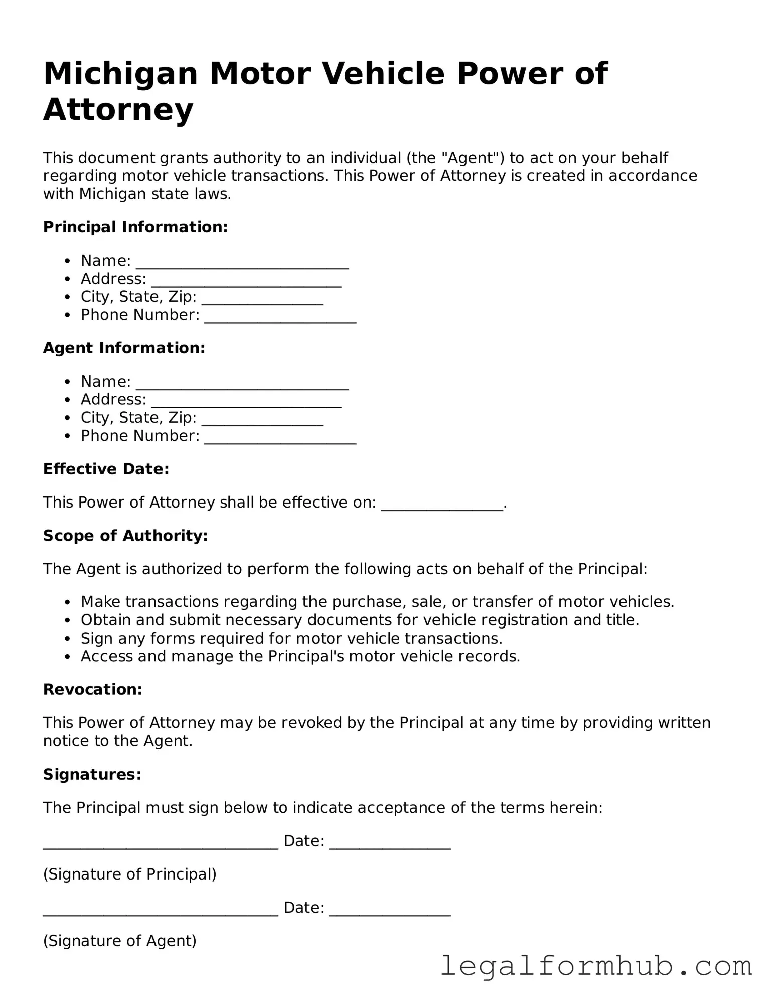 Free  Motor Vehicle Power of Attorney Template for Michigan