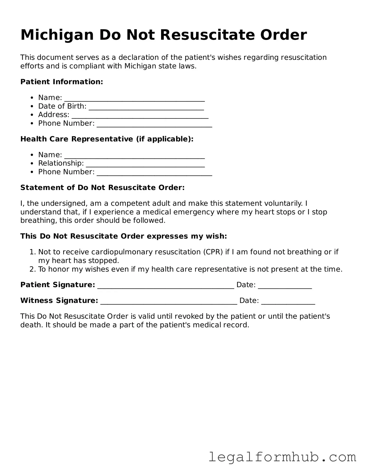 Free  Do Not Resuscitate Order Template for Michigan