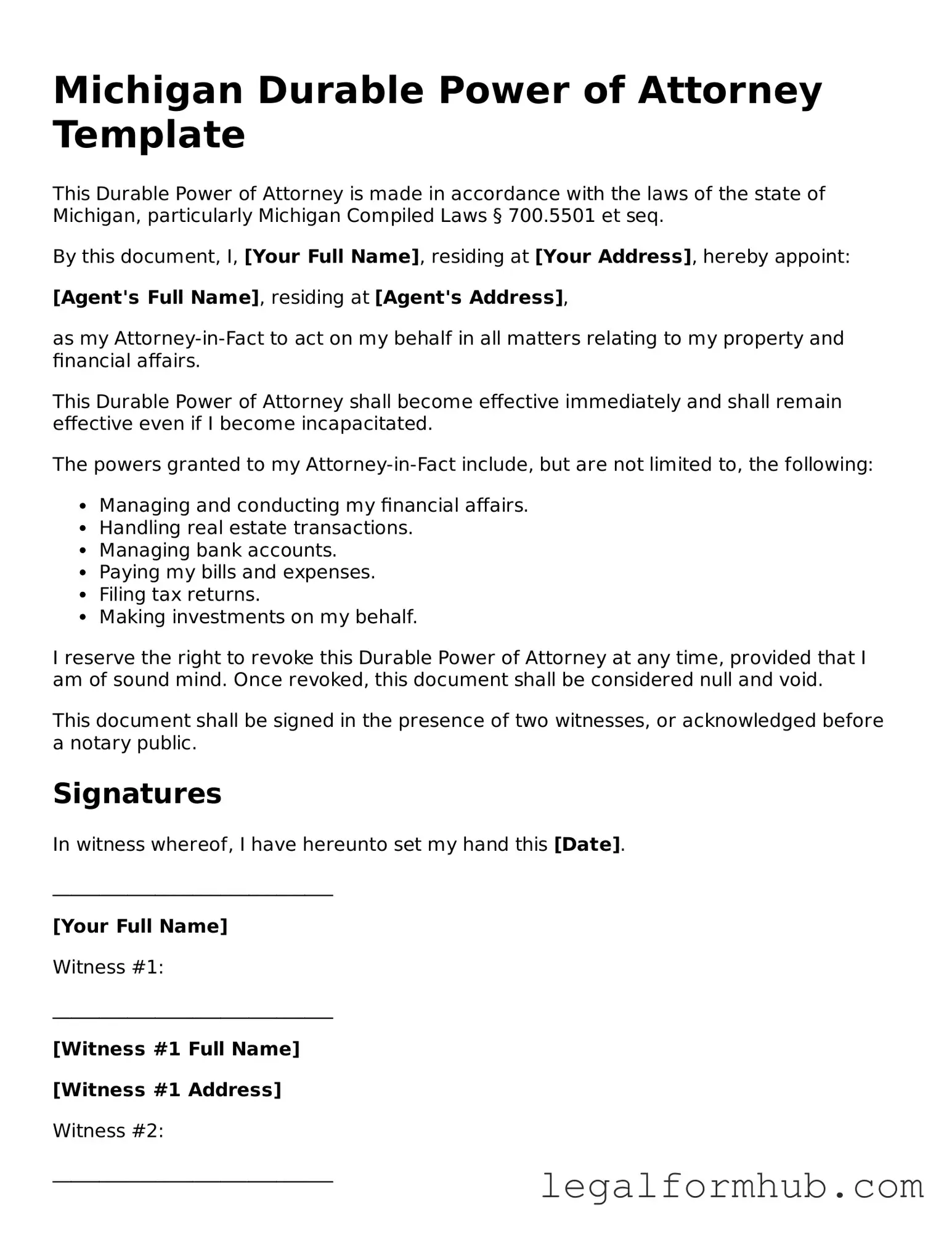 Free  Durable Power of Attorney Template for Michigan