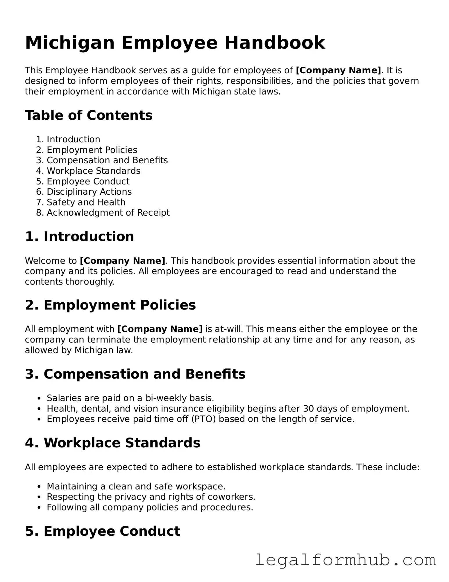 Free  Employee Handbook Template for Michigan