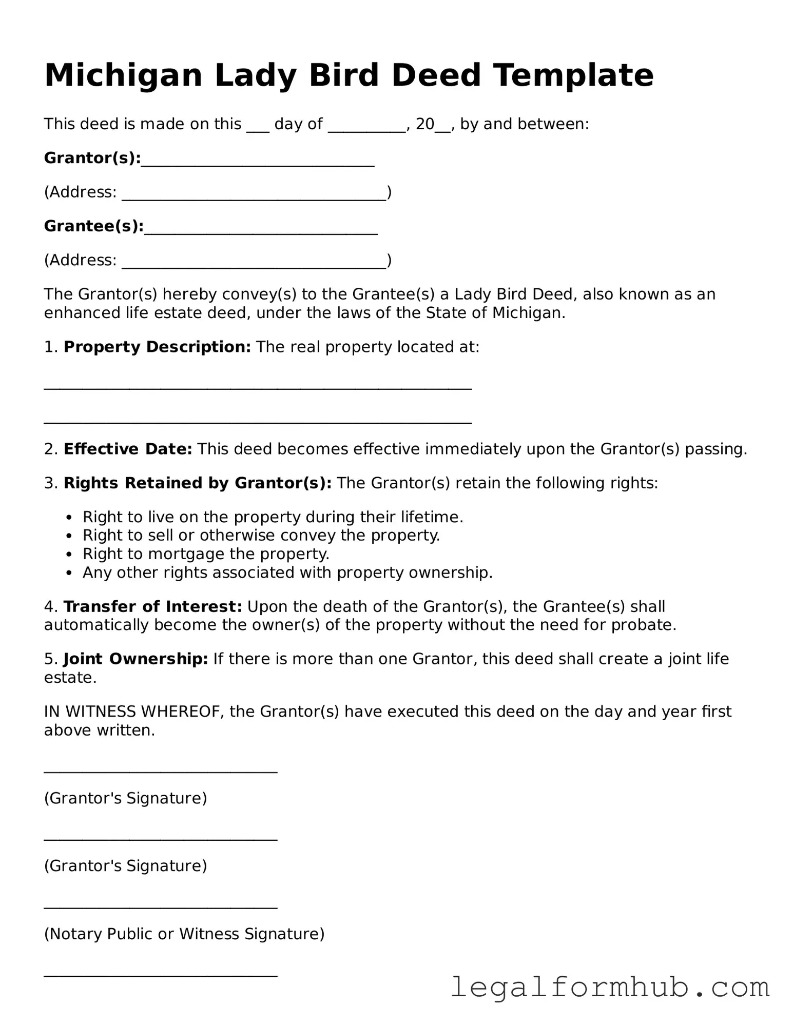 Free  Lady Bird Deed Template for Michigan