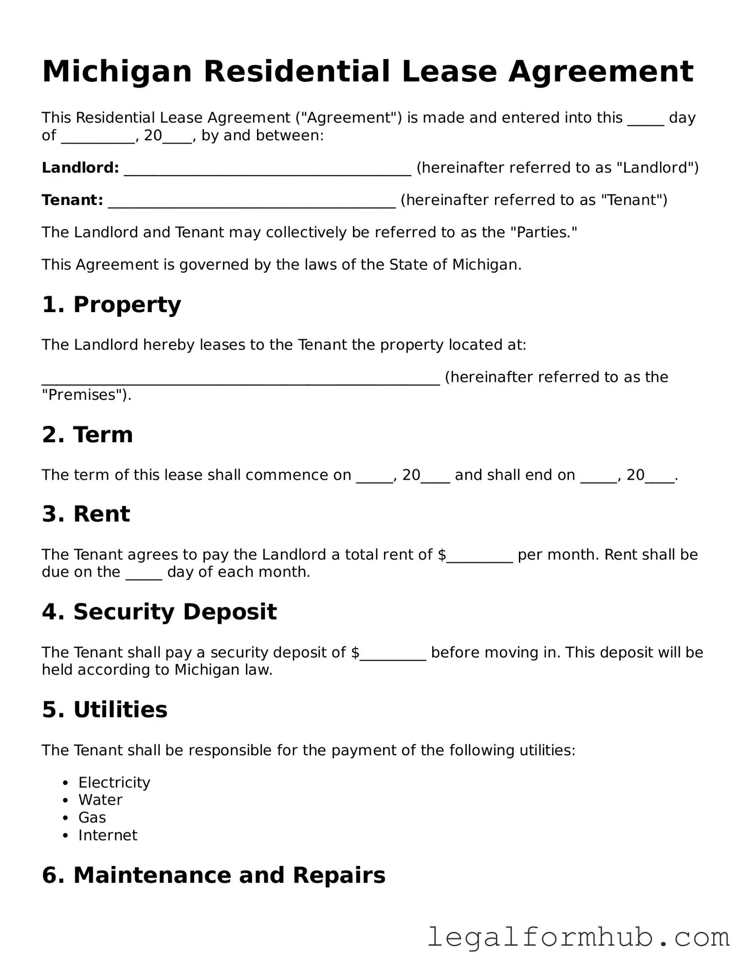 Free  Residential Lease Agreement Template for Michigan