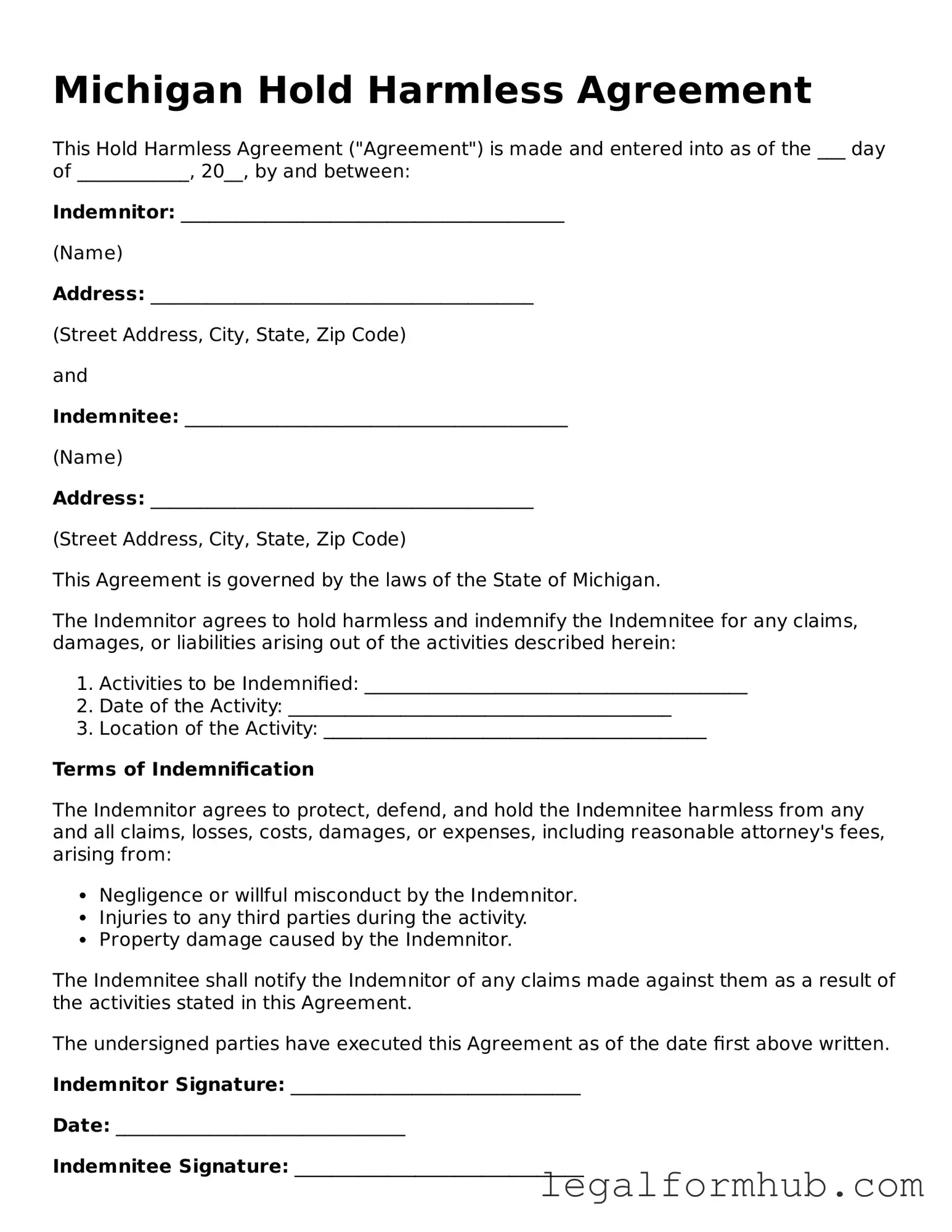 Free  Hold Harmless Agreement Template for Michigan