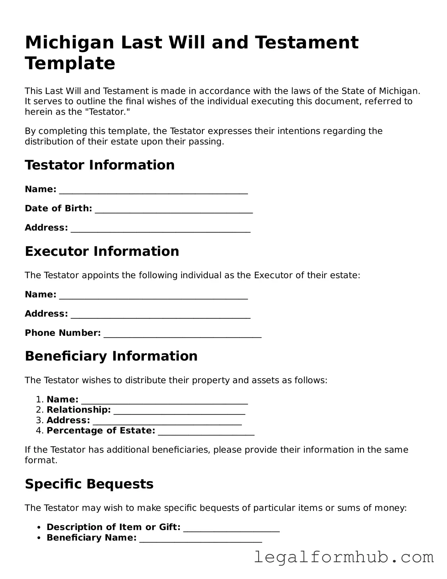 Free  Last Will and Testament Template for Michigan