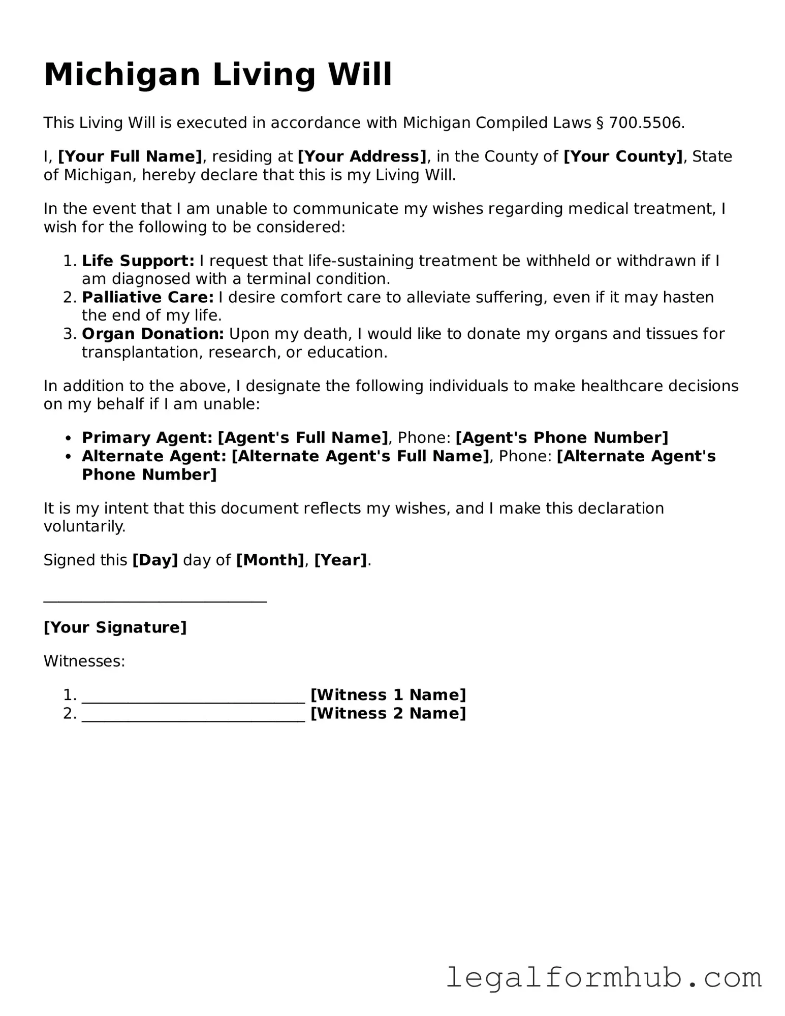 Free  Living Will Template for Michigan