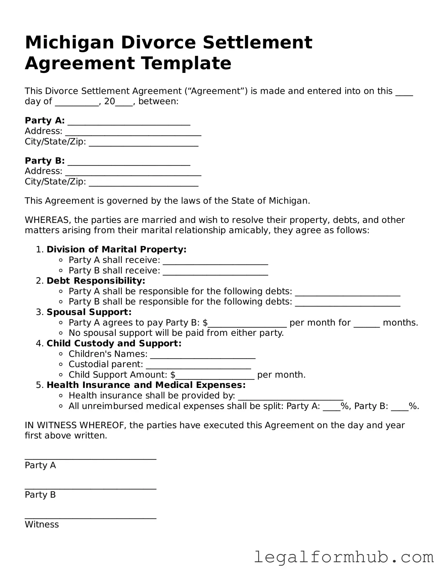 Free  Divorce Settlement Agreement Template for Michigan