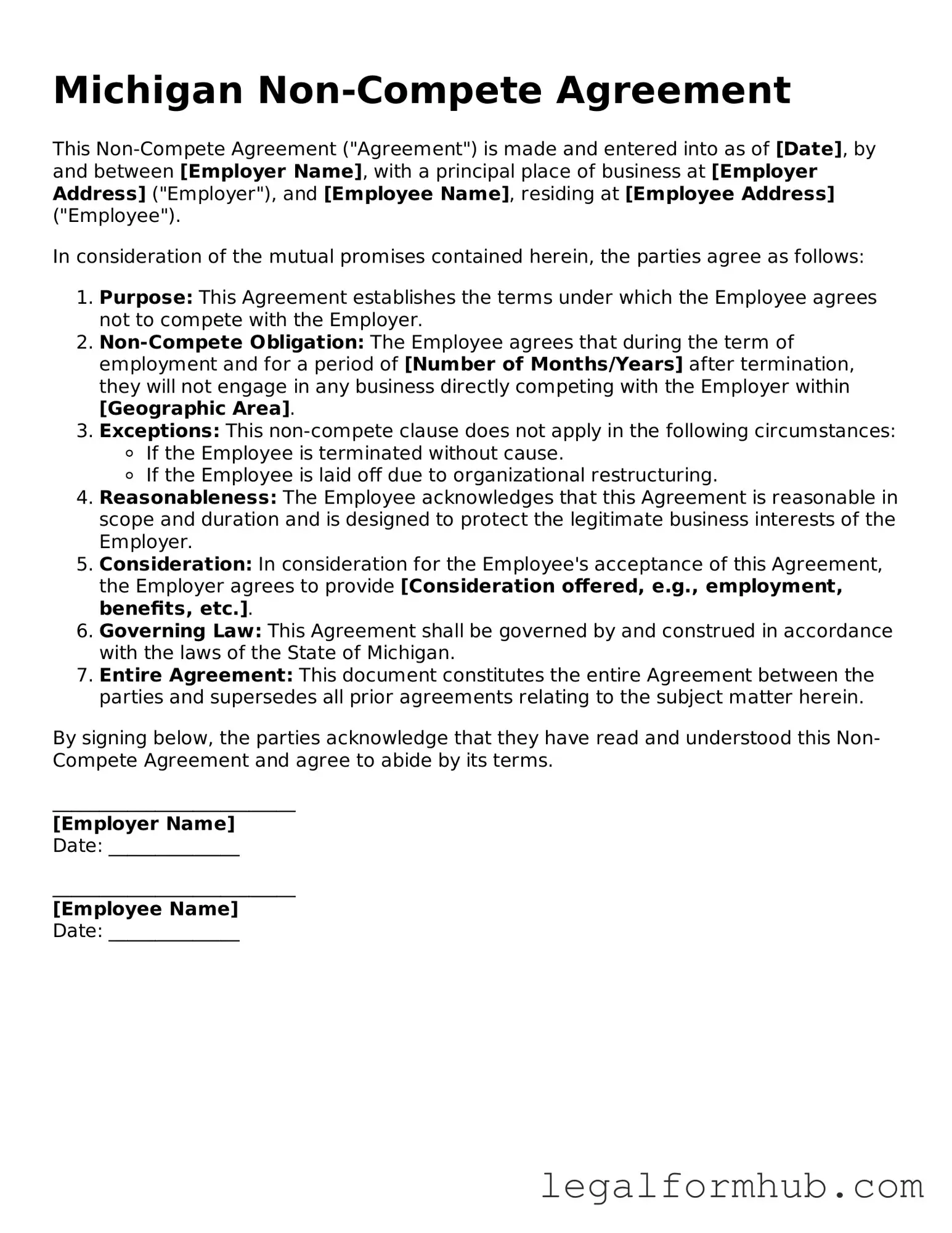 Free  Non-compete Agreement Template for Michigan