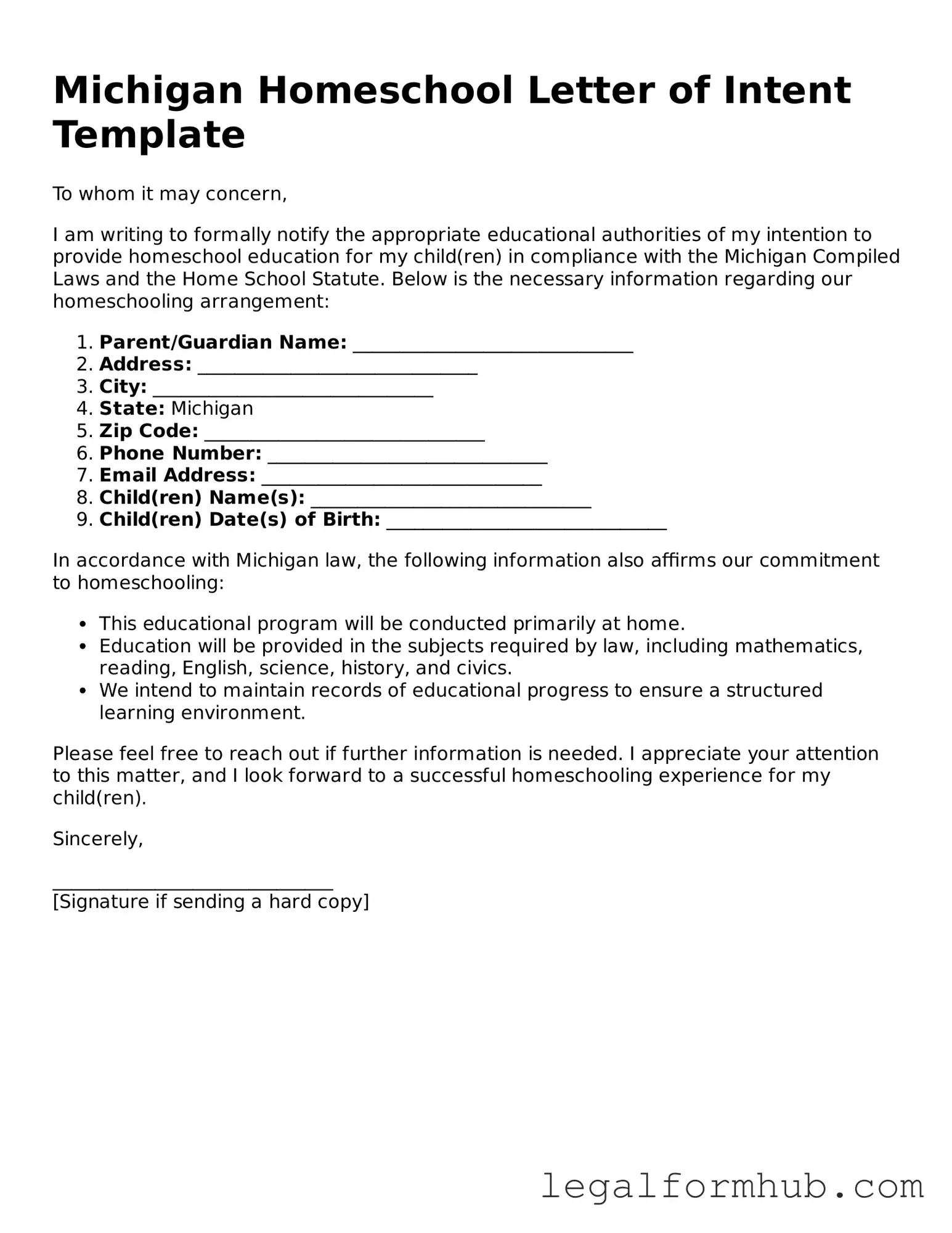 Free  Homeschool Letter of Intent Template for Michigan