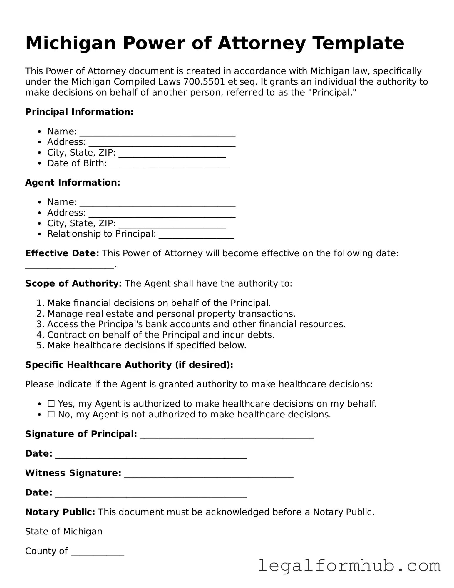 Free  Power of Attorney Template for Michigan