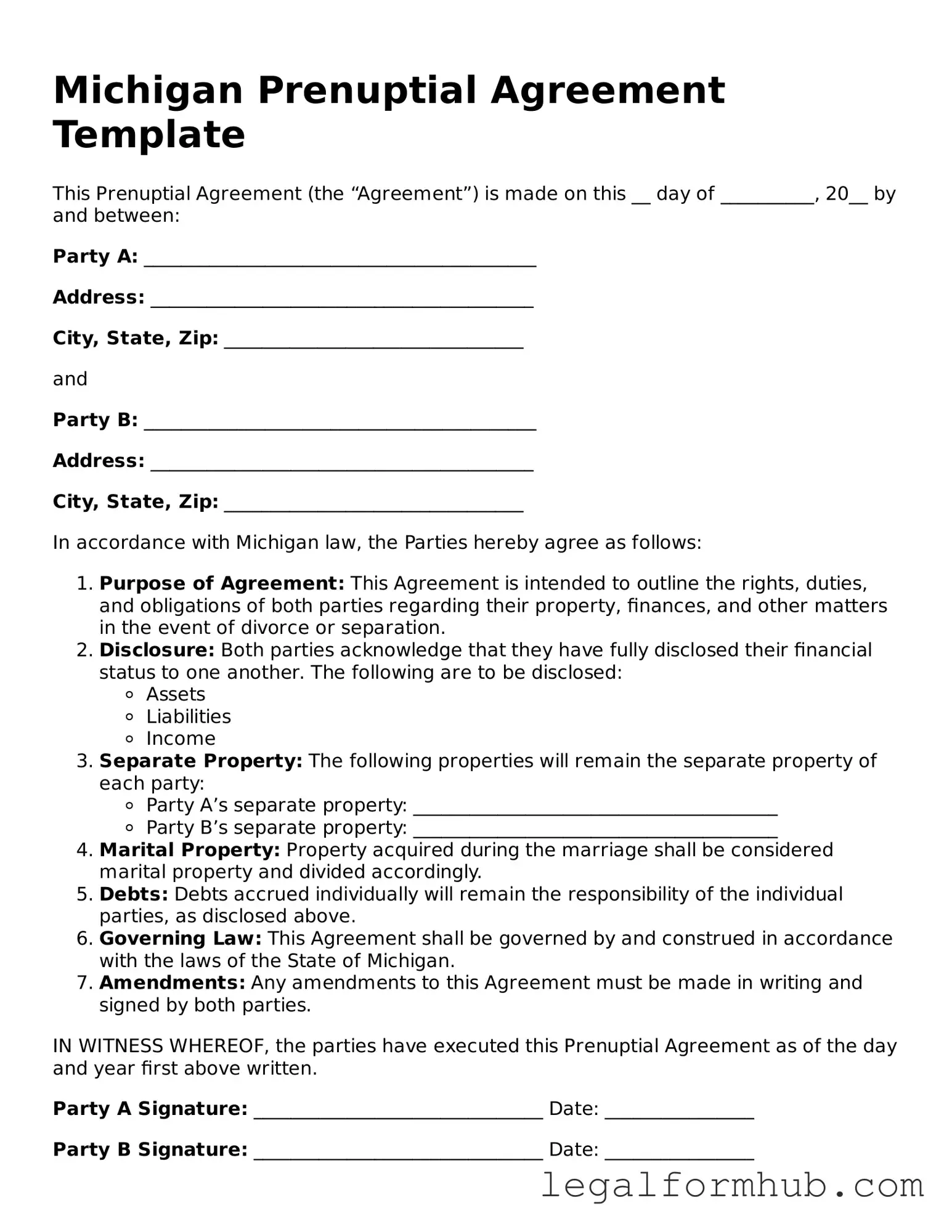Free  Prenuptial Agreement Template for Michigan
