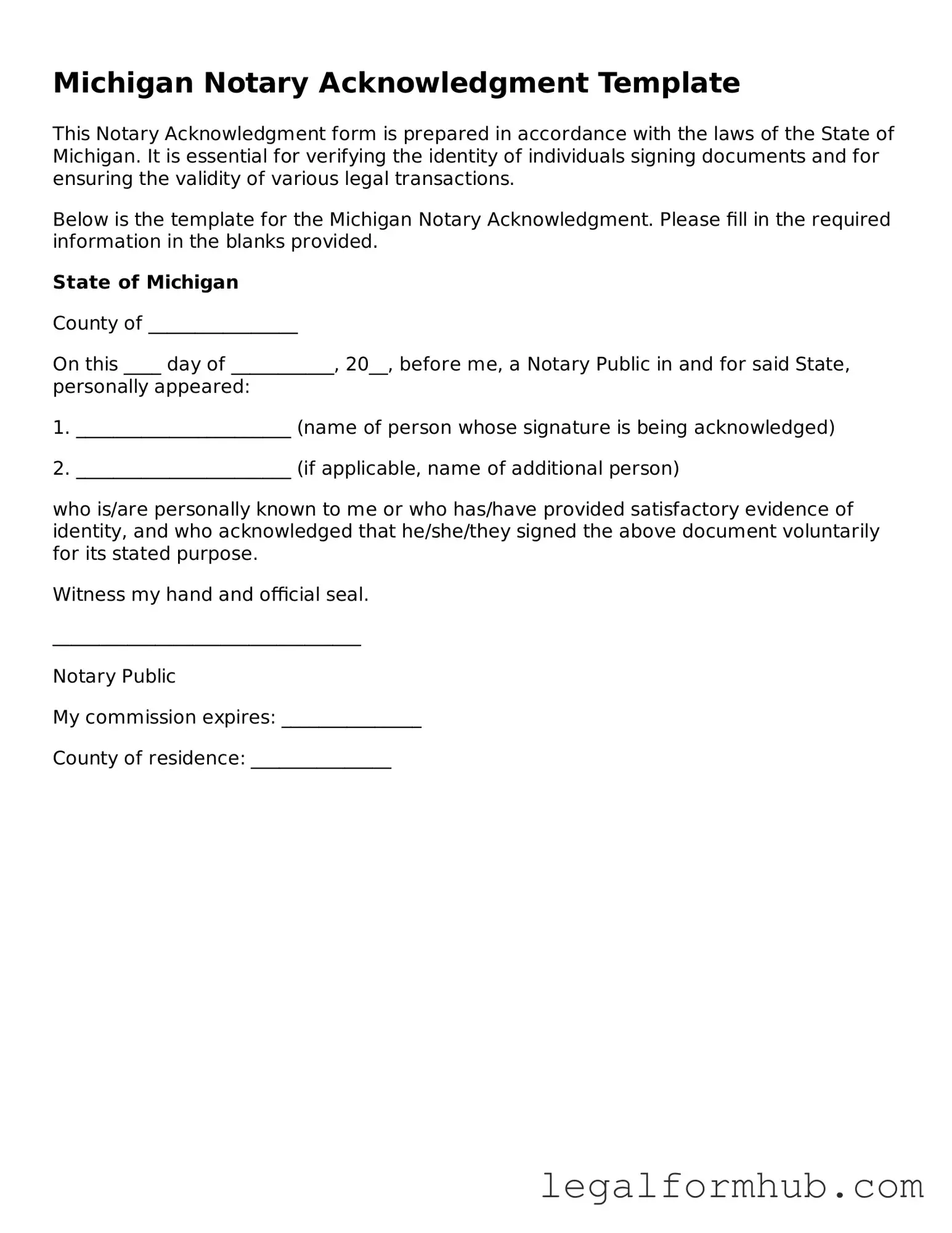 Free  Notary Acknowledgement Template for Michigan