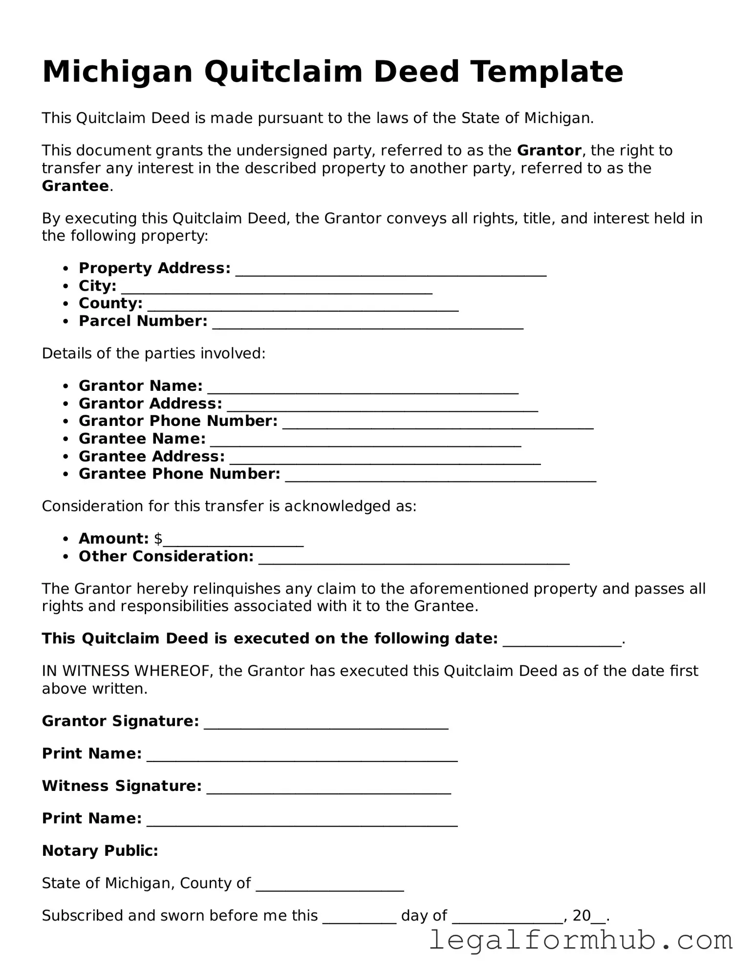 Free  Quitclaim Deed Template for Michigan