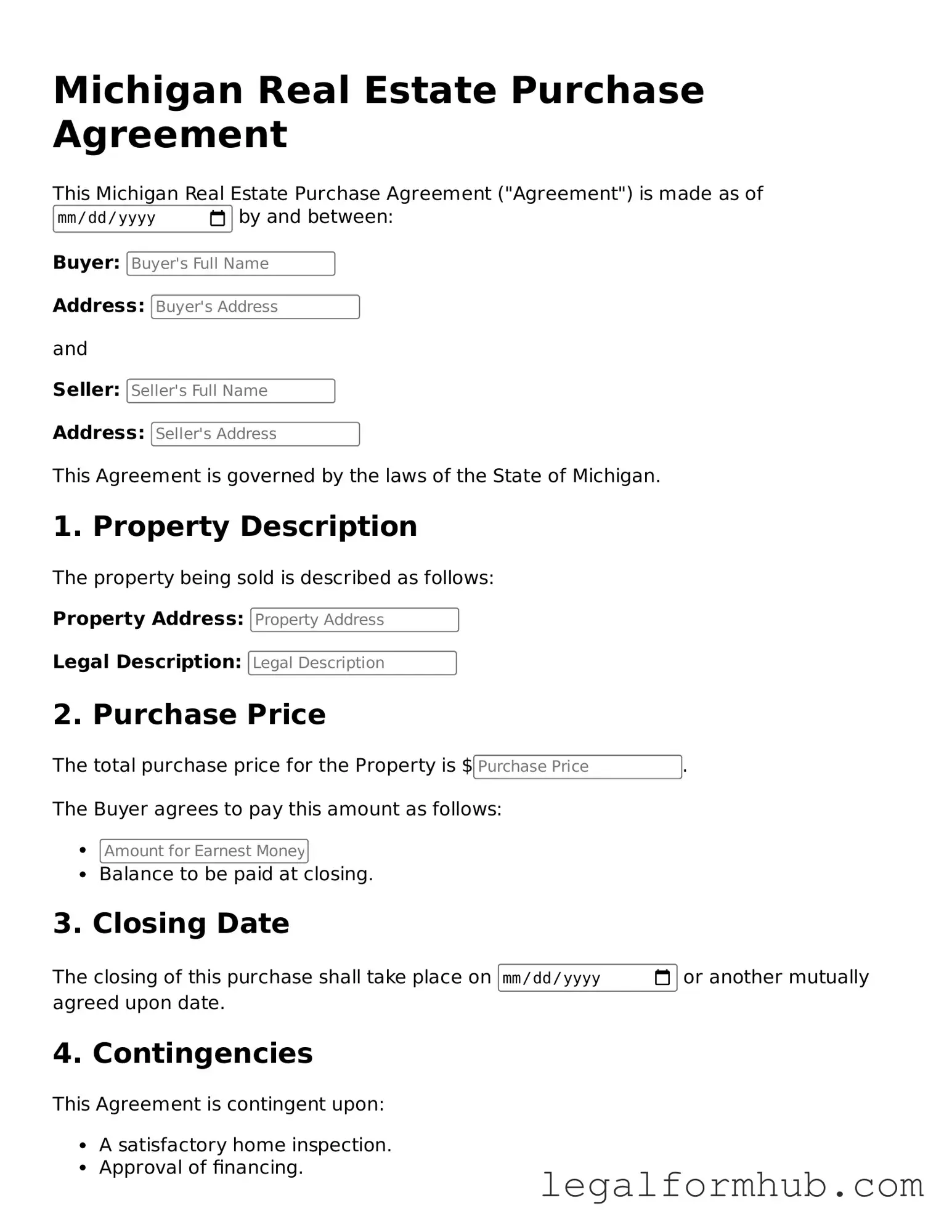 Free  Real Estate Purchase Agreement Template for Michigan