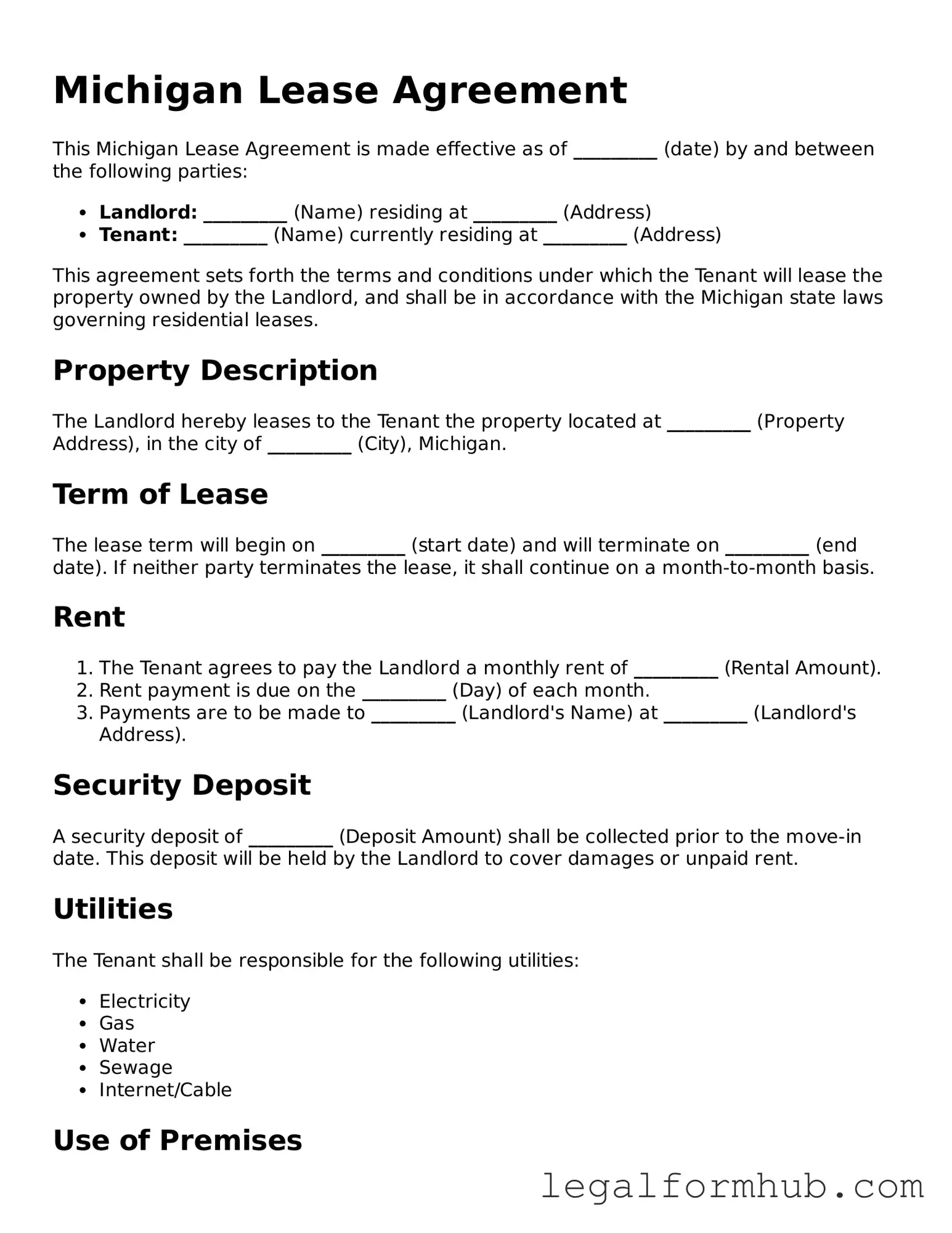 Free  Lease Agreement Template for Michigan