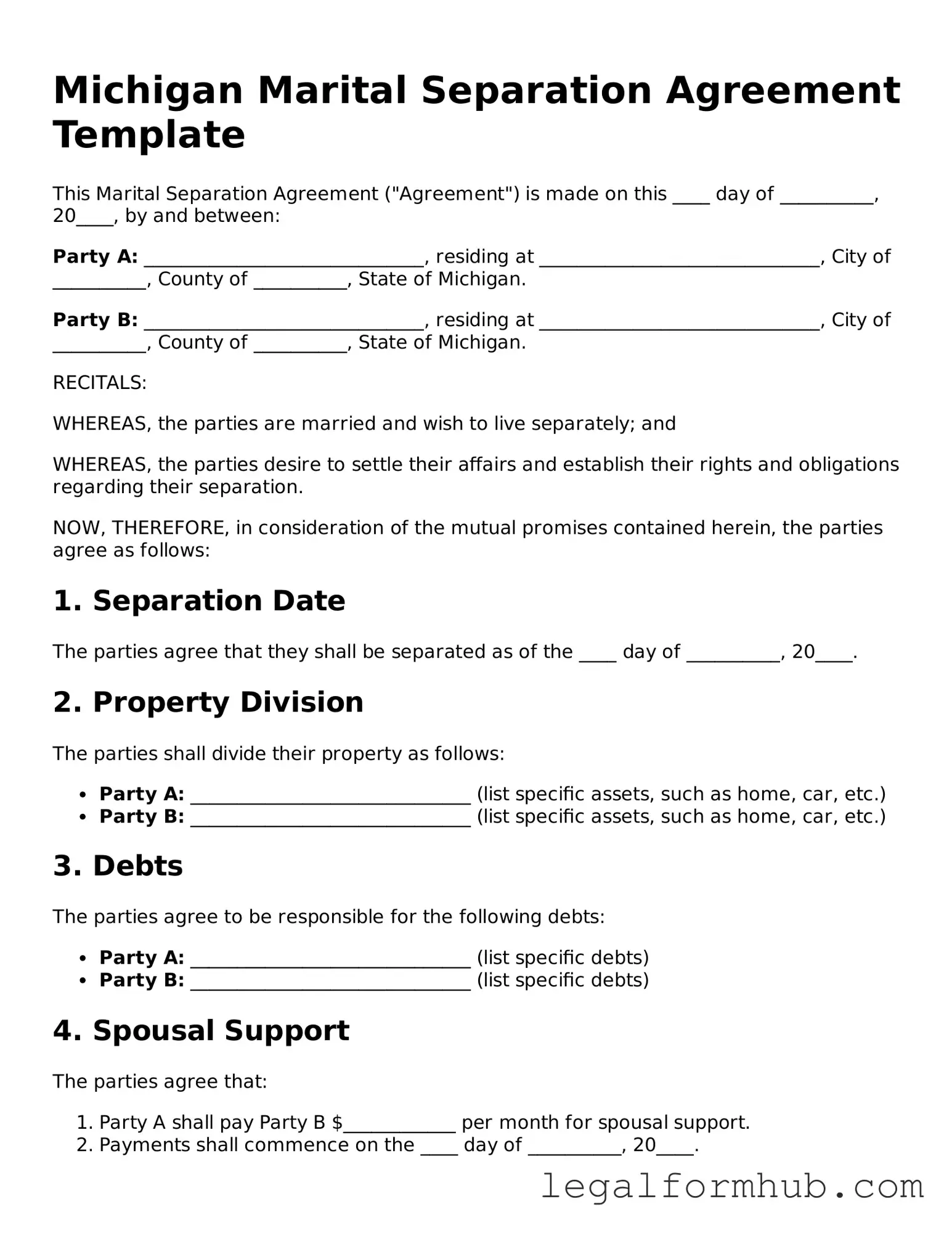 Free  Marital Separation Agreement Template for Michigan