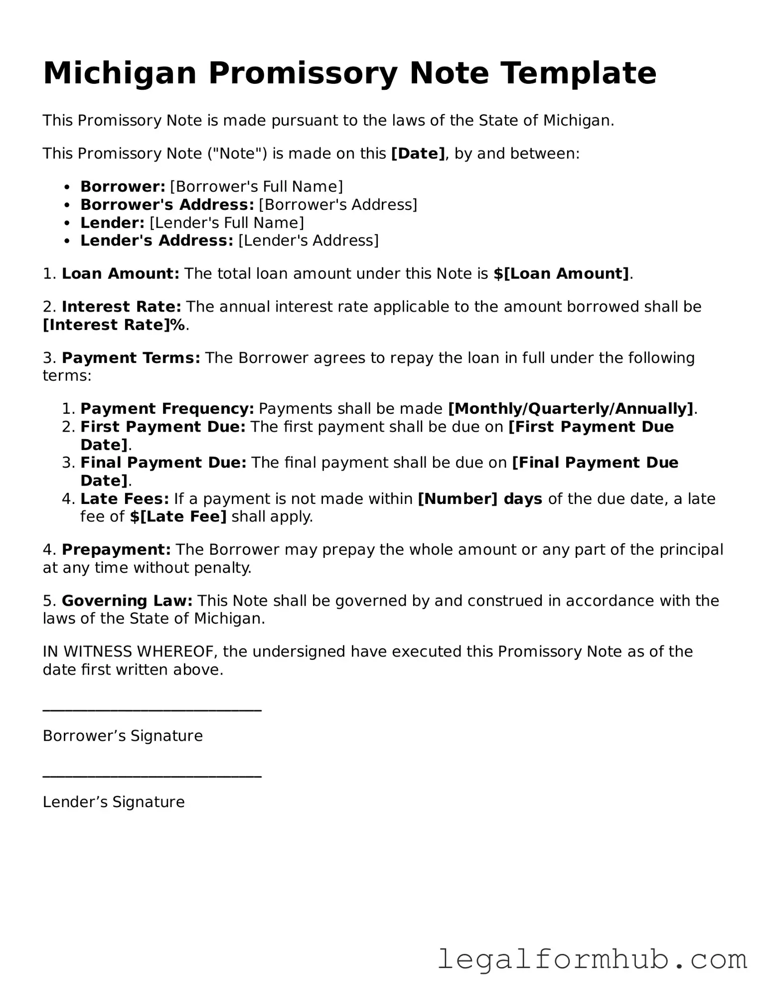 Free  Promissory Note Template for Michigan
