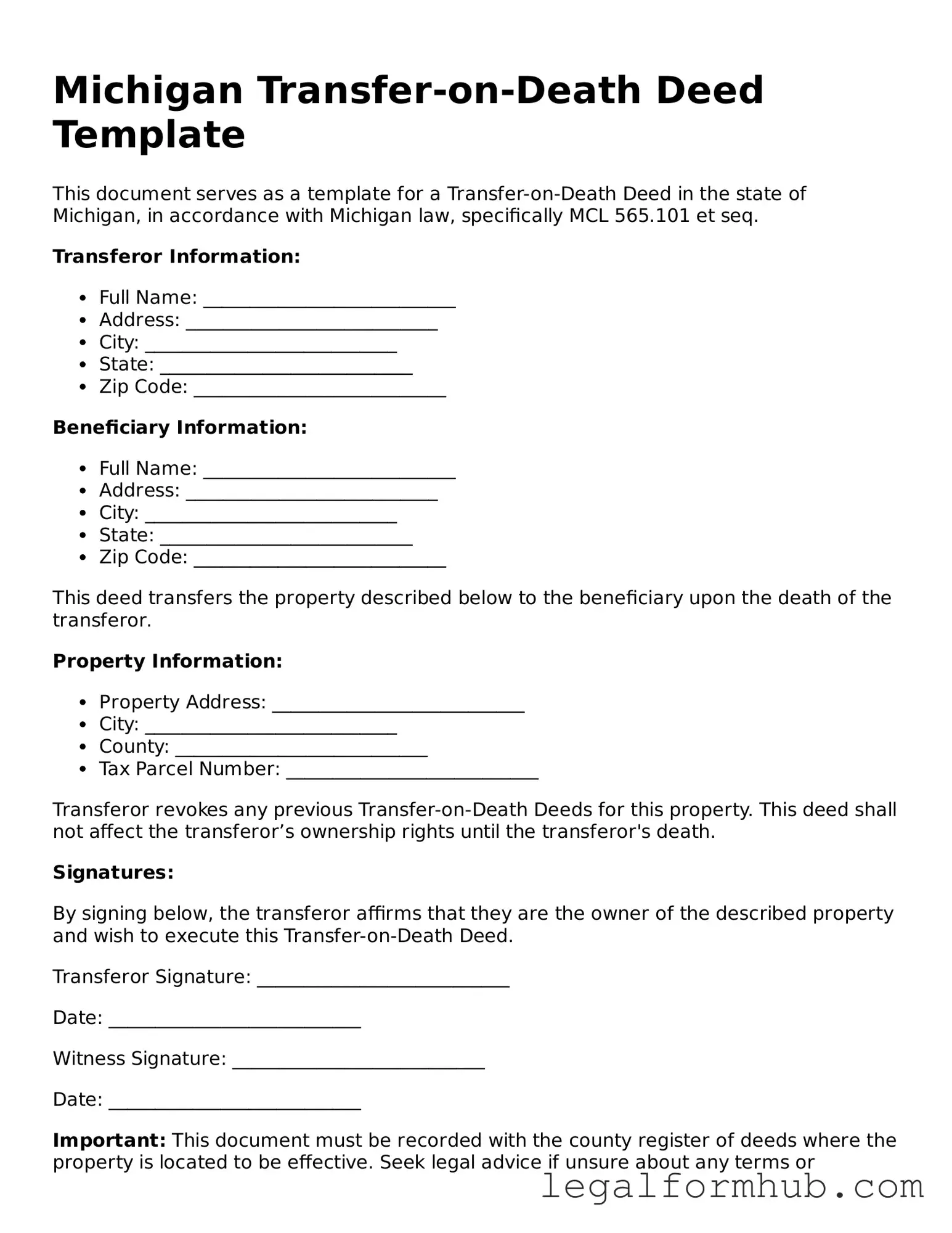 Free  Transfer-on-Death Deed Template for Michigan