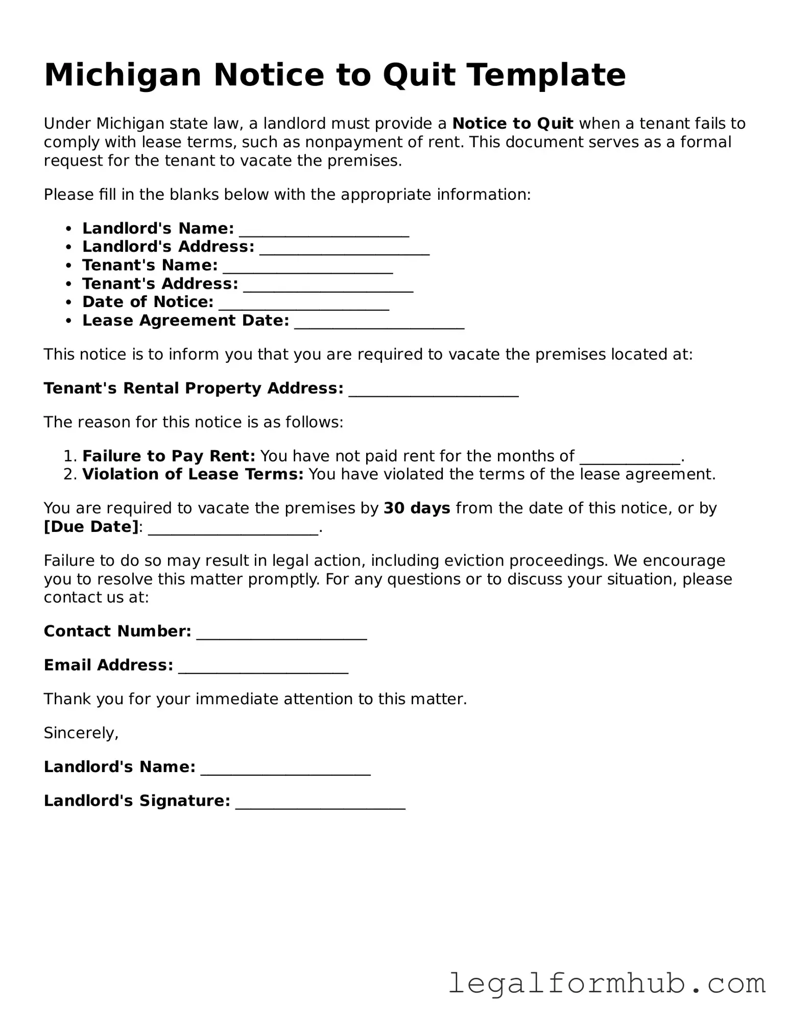 Free  Notice to Quit Template for Michigan