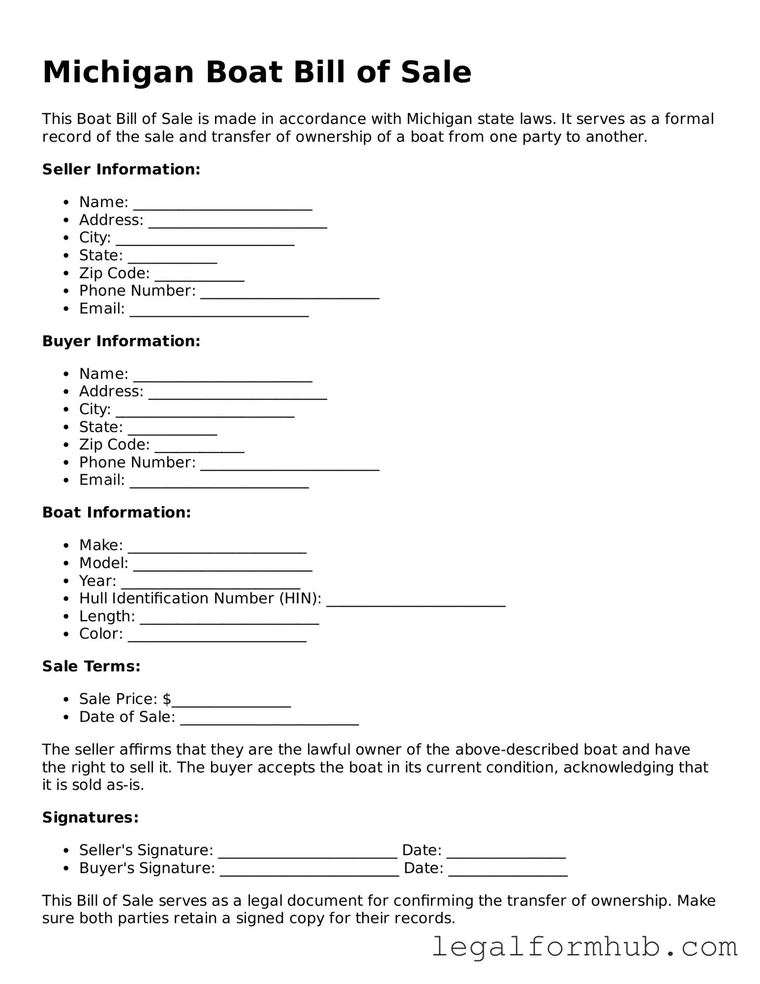 Free  Boat Bill of Sale Template for Michigan