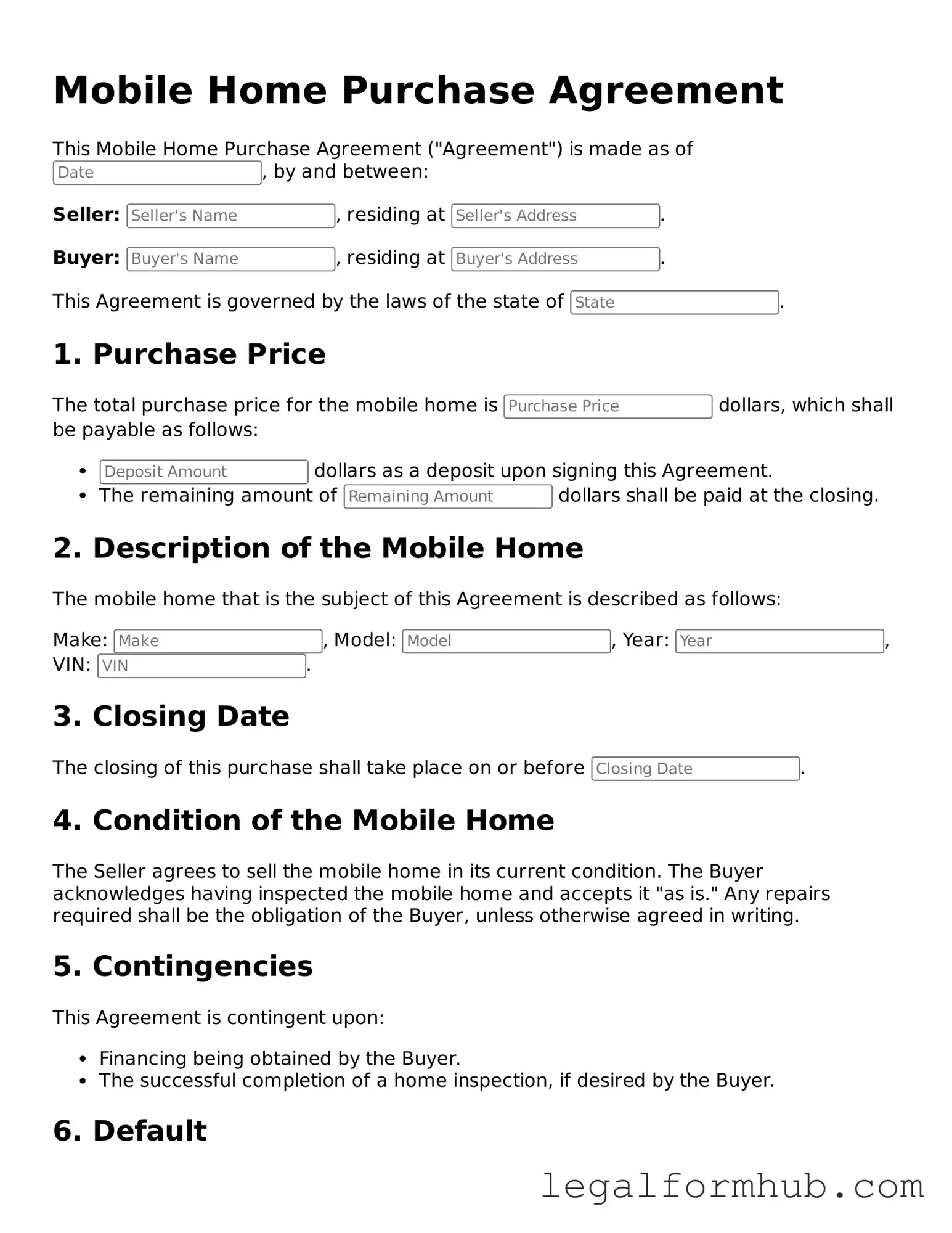 Printable Mobile Home Purchase Agreement Document