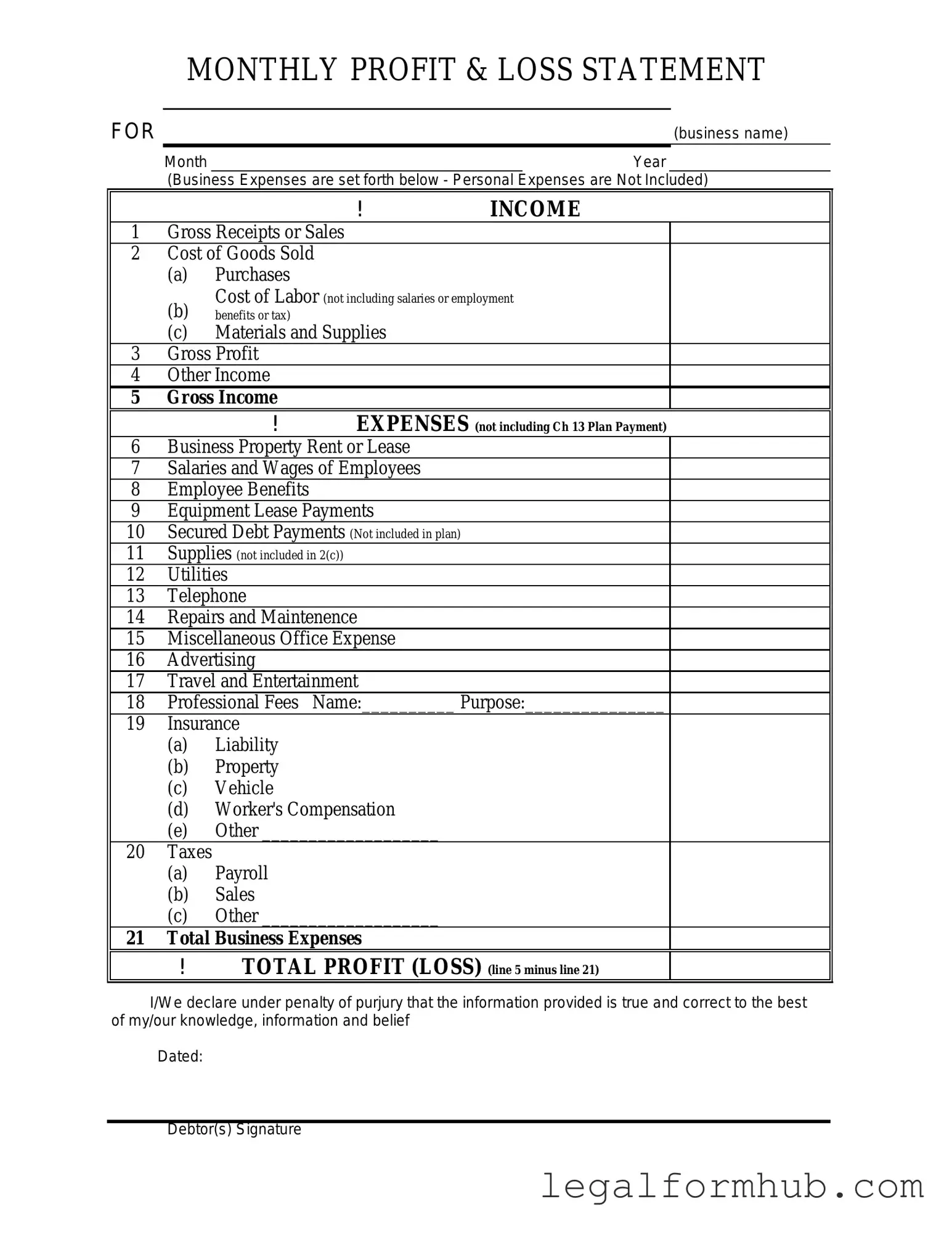 Fill Your Profit And Loss Form