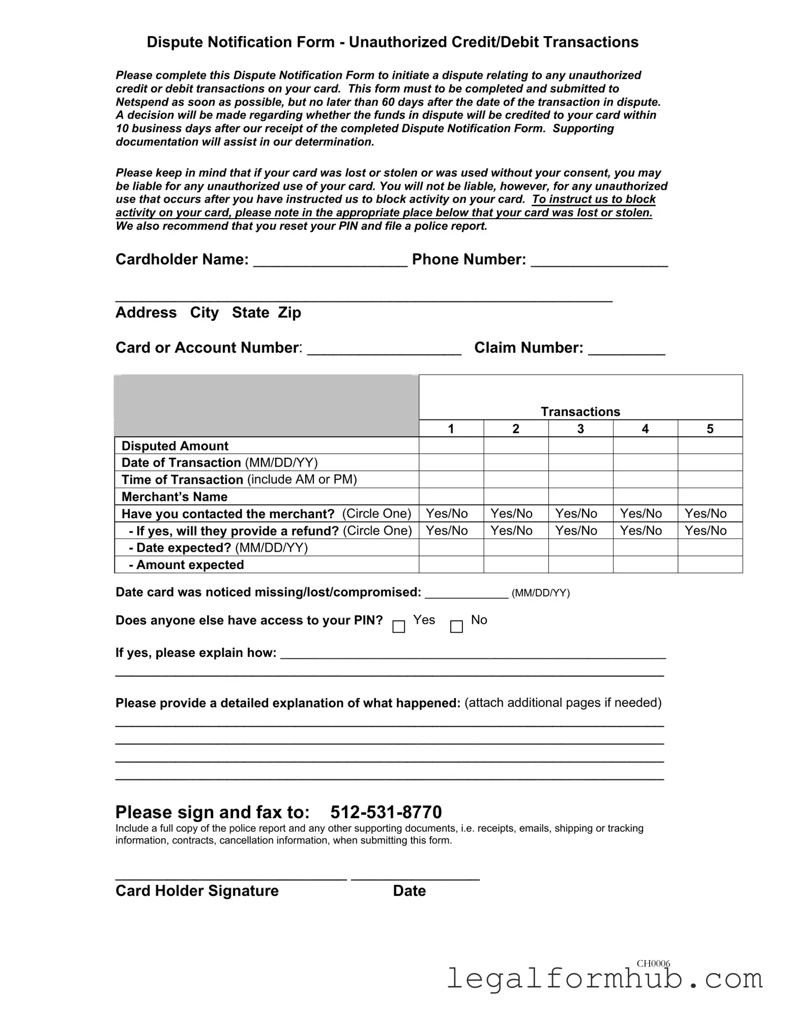 Fill Your Netspend Dispute Form