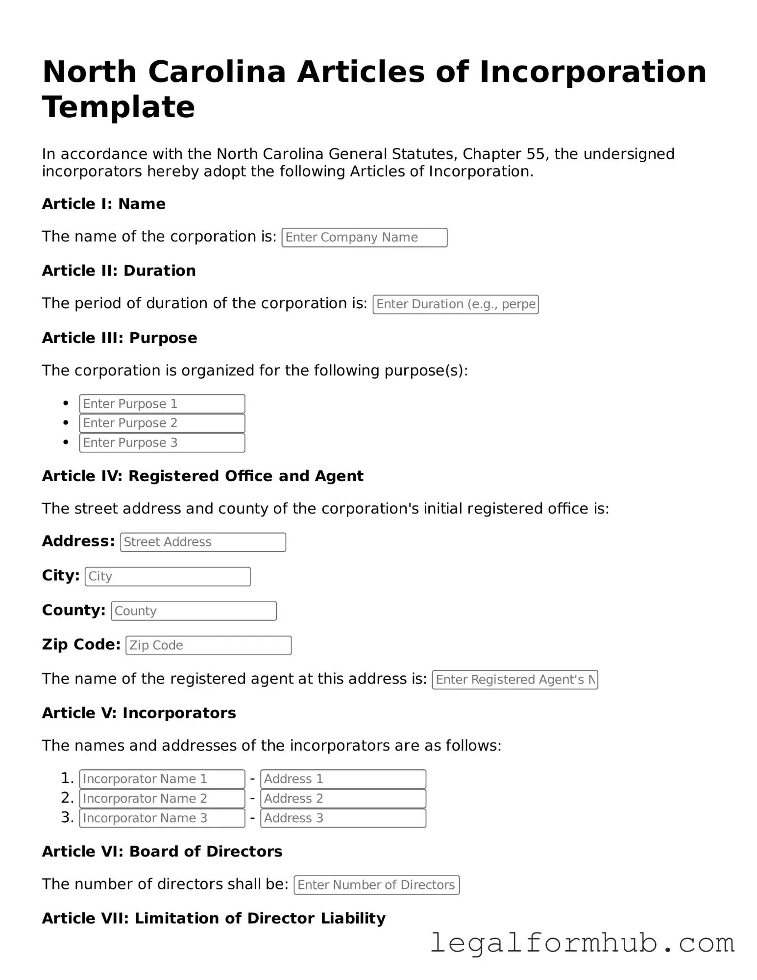 Free  Articles of Incorporation Template for North Carolina